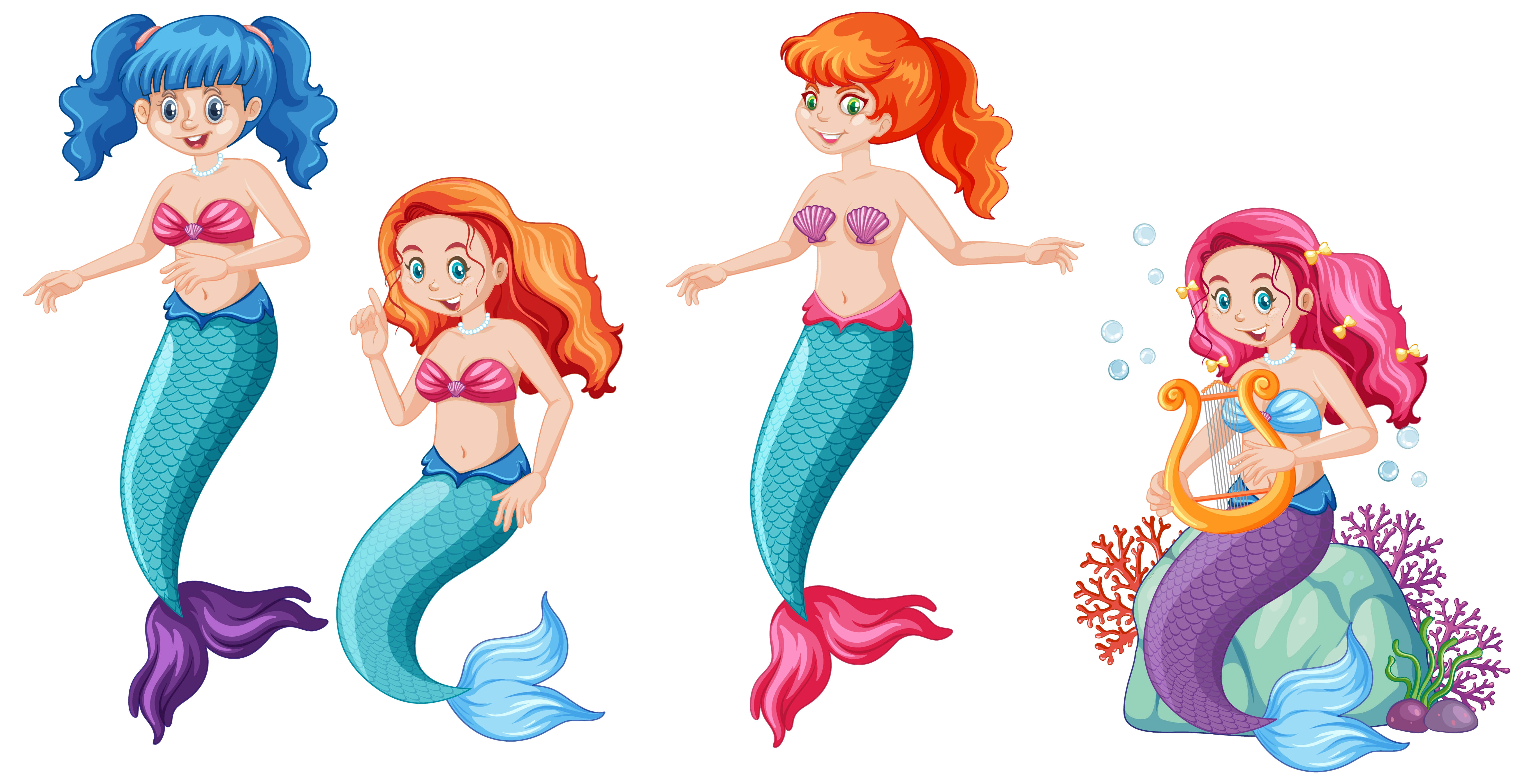 Kawaii Mermaid, cartoon mermaids, vibrant hair, 5K Desktop Wallpaper