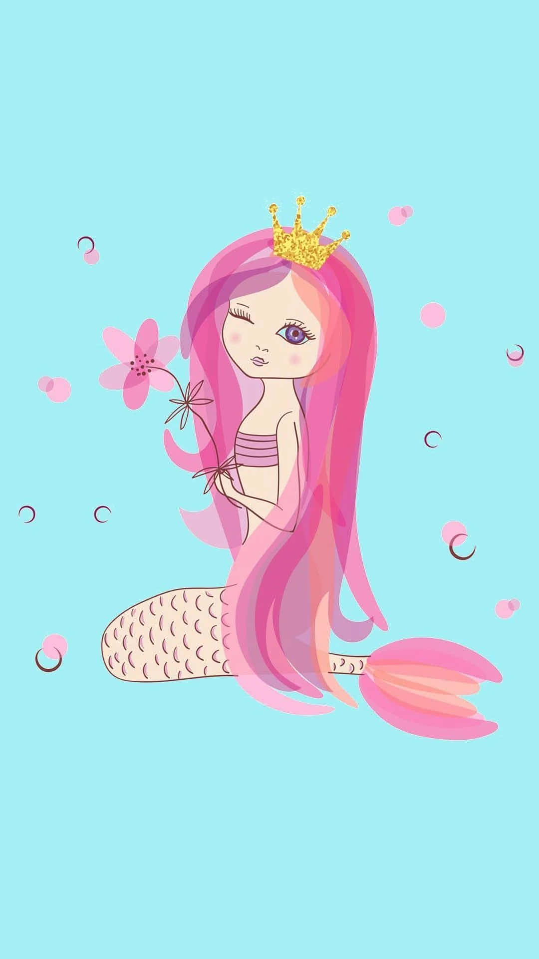 kawaii mermaid, pink-haired mermaid, gold crown, Full HD Phone Wallpaper