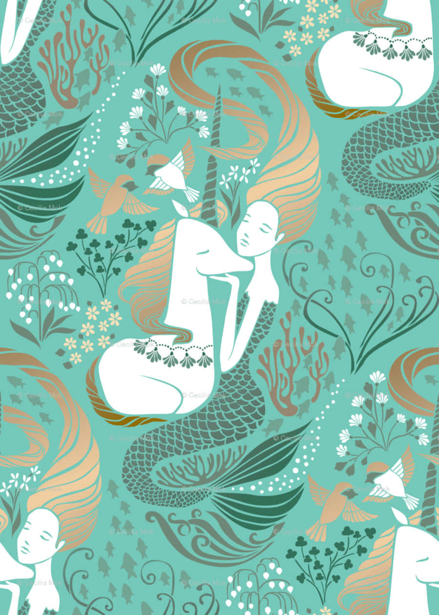 Kawaii Mermaid, golden hair, patterned tail, SD Phone Wallpaper