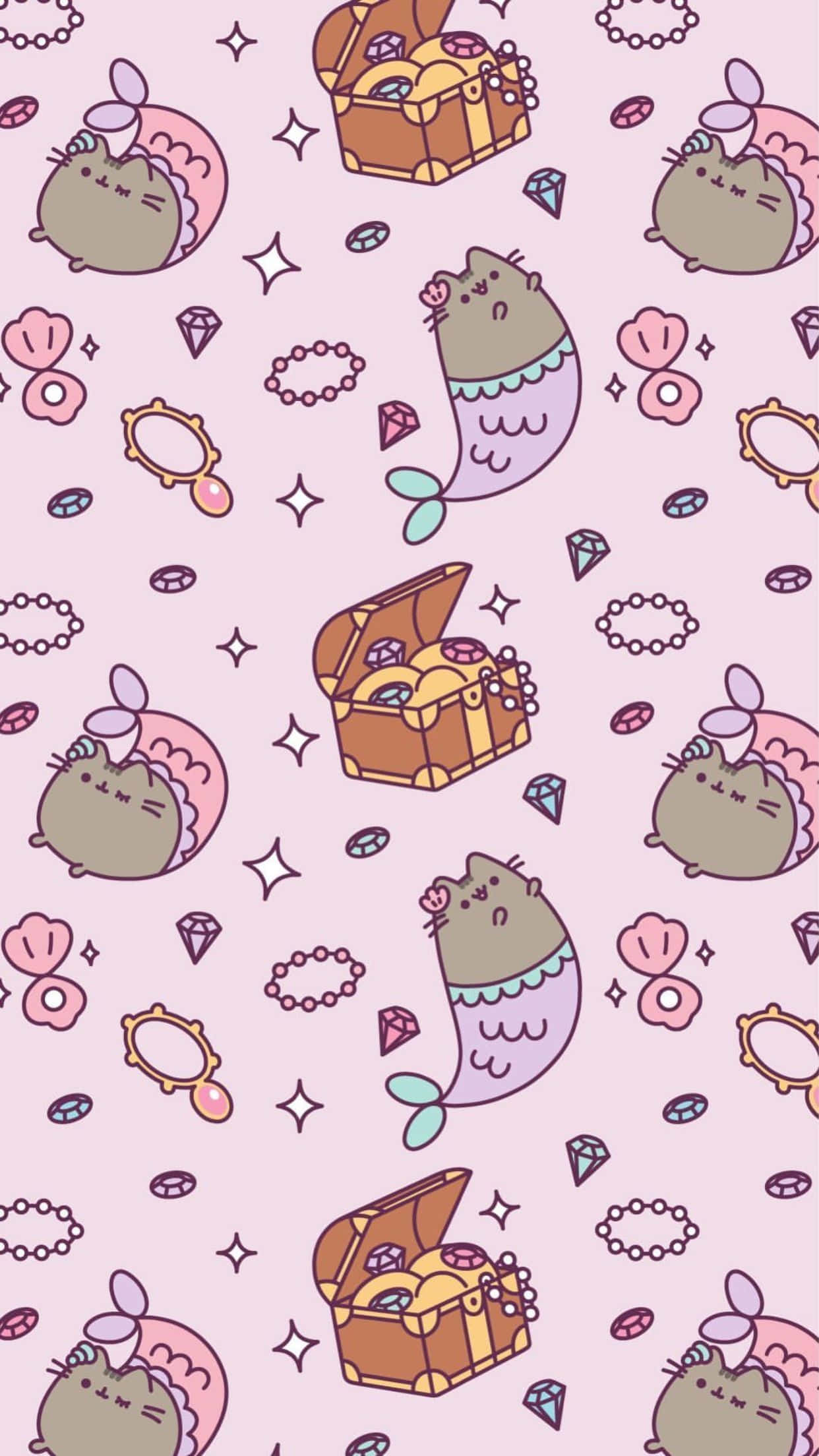 kawaii mermaid, Pusheen cats, pastel pink, Full HD Phone Wallpaper