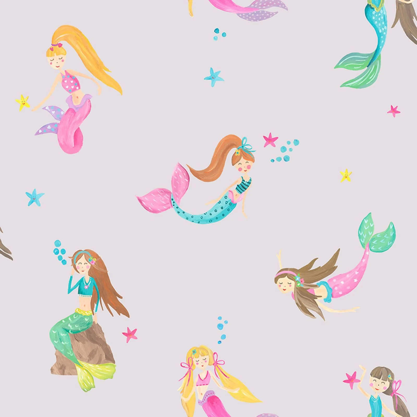 Kawaii Mermaid, colorful cartoon mermaids, flowing hair, HD Desktop Wallpaper