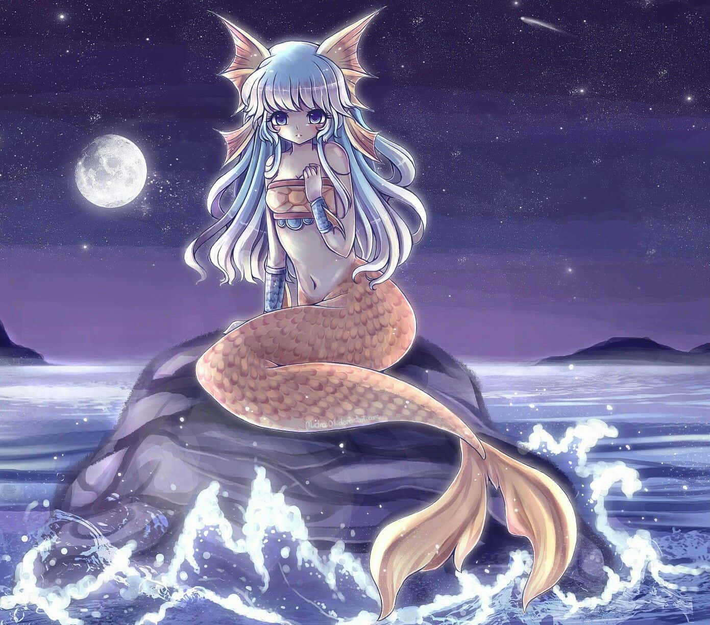 Kawaii Mermaid, fox ears, long silver hair, HD Desktop Wallpaper