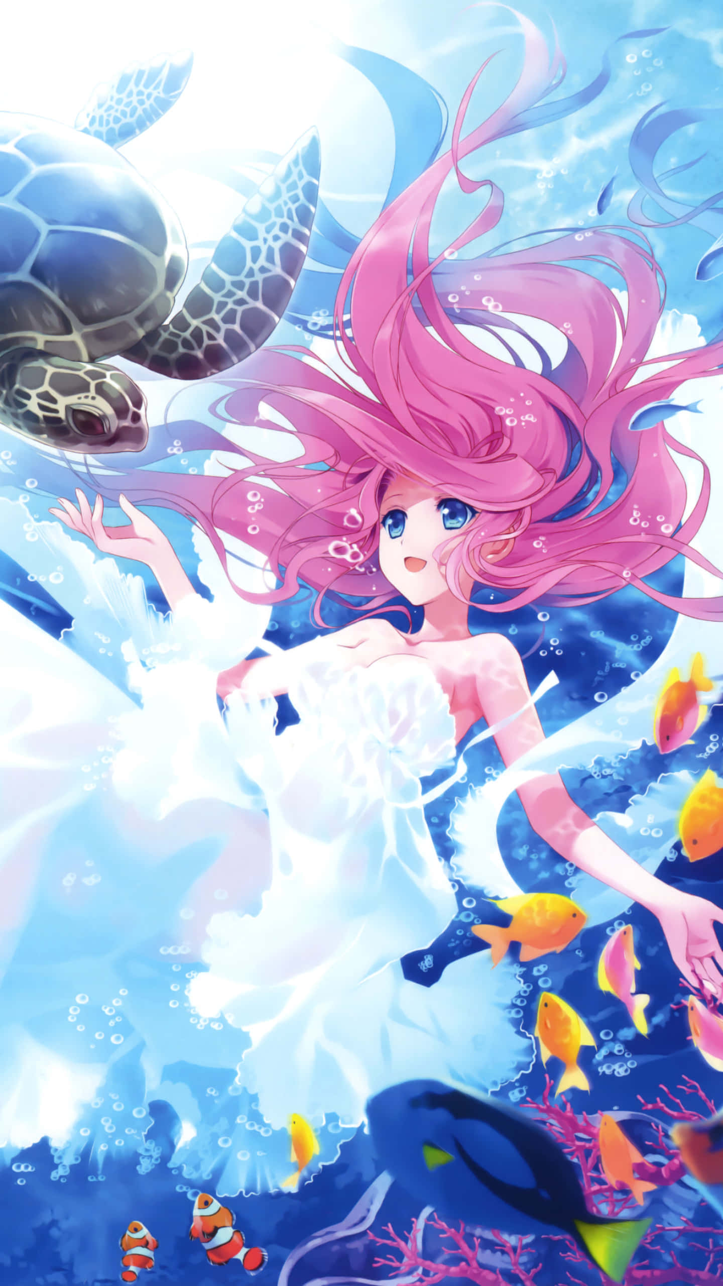 Kawaii Mermaid, pink-haired anime girl, white dress, 2K Phone Wallpaper