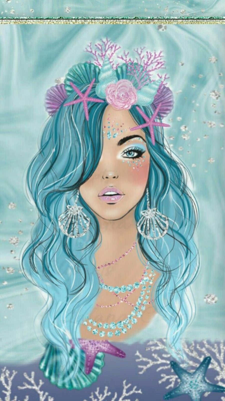 Kawaii Mermaid, turquoise hair, coral starfish, HD Phone Wallpaper