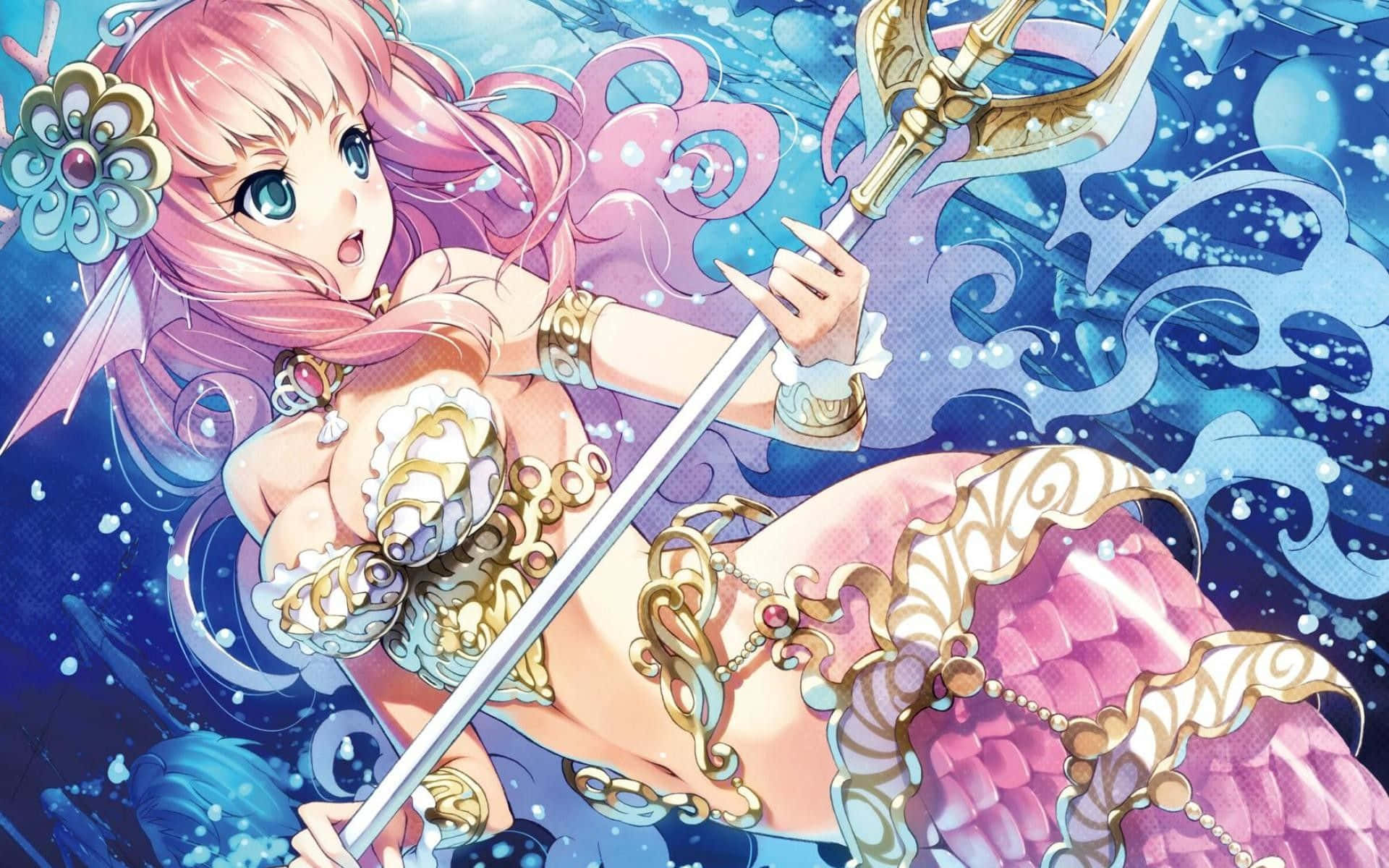 pink-haired anime mermaid, blue eyes, golden trident, Full HD Desktop Wallpaper