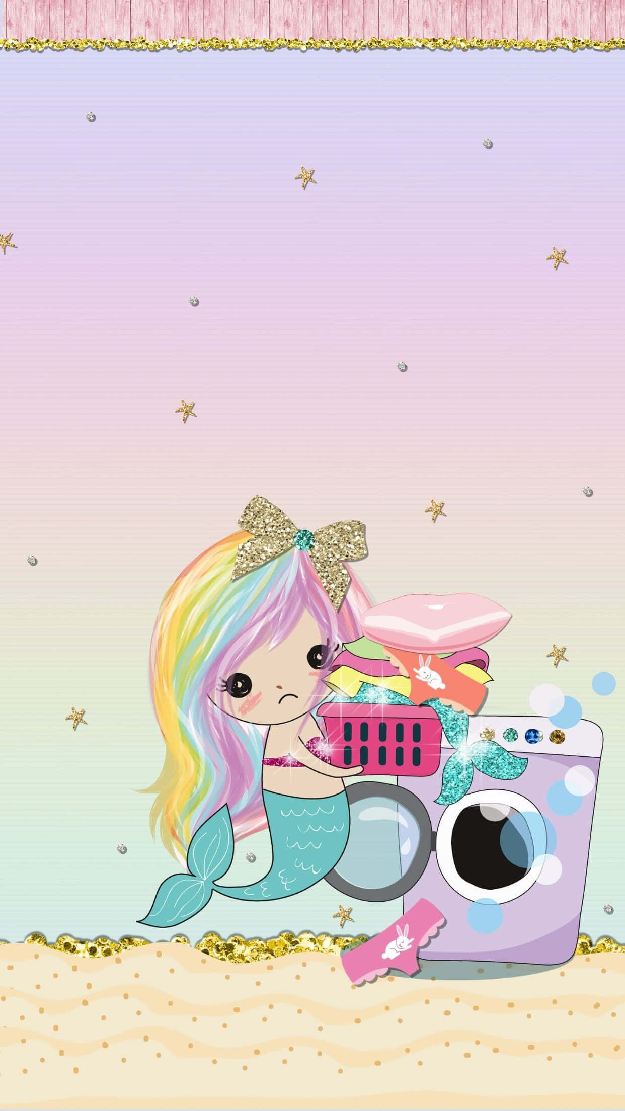 kawaii mermaid, rainbow-haired mermaid, gold bow, Full HD Phone Wallpaper