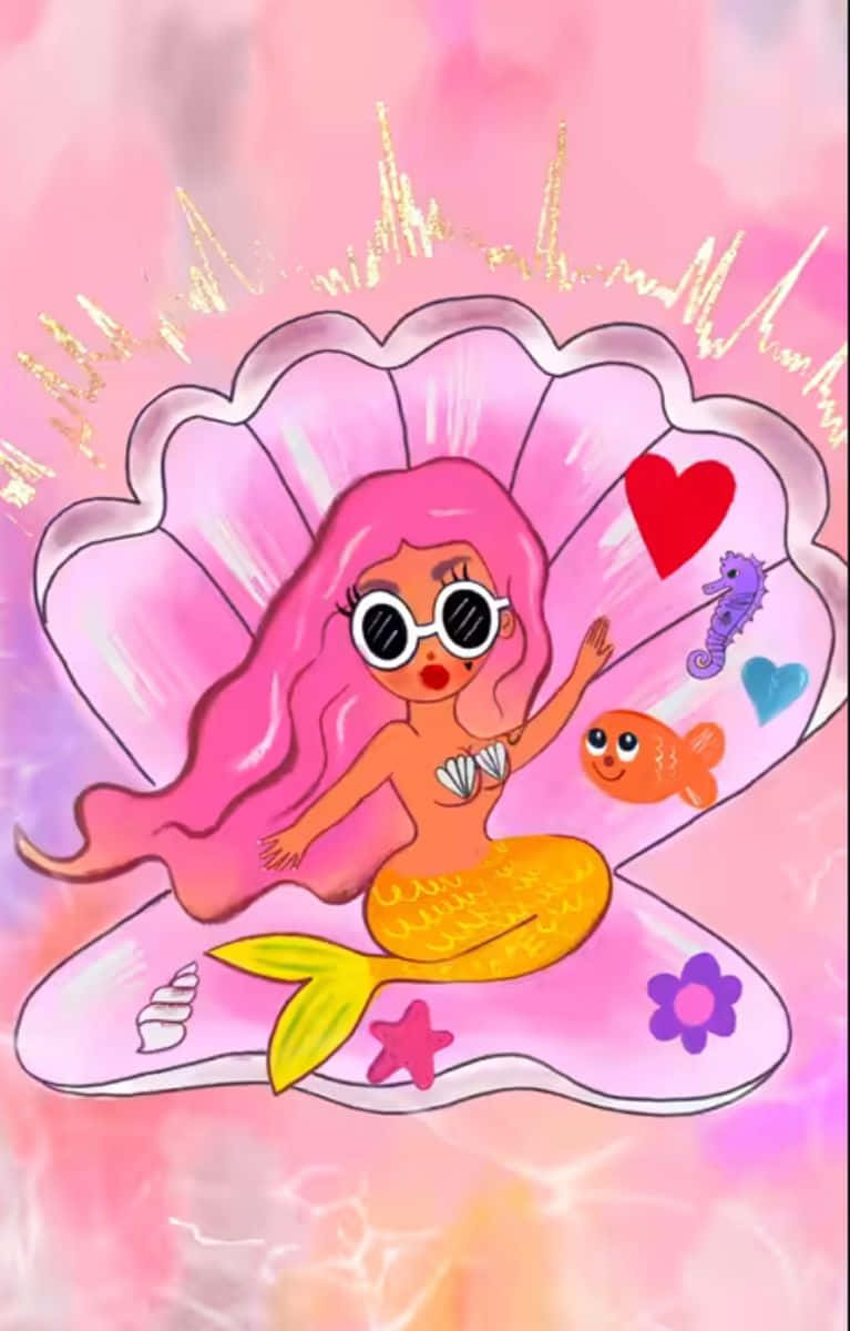 Mermaid Cartoonon Shell Backdrop, cartoon mermaid, pink hair, SD Phone Wallpaper
