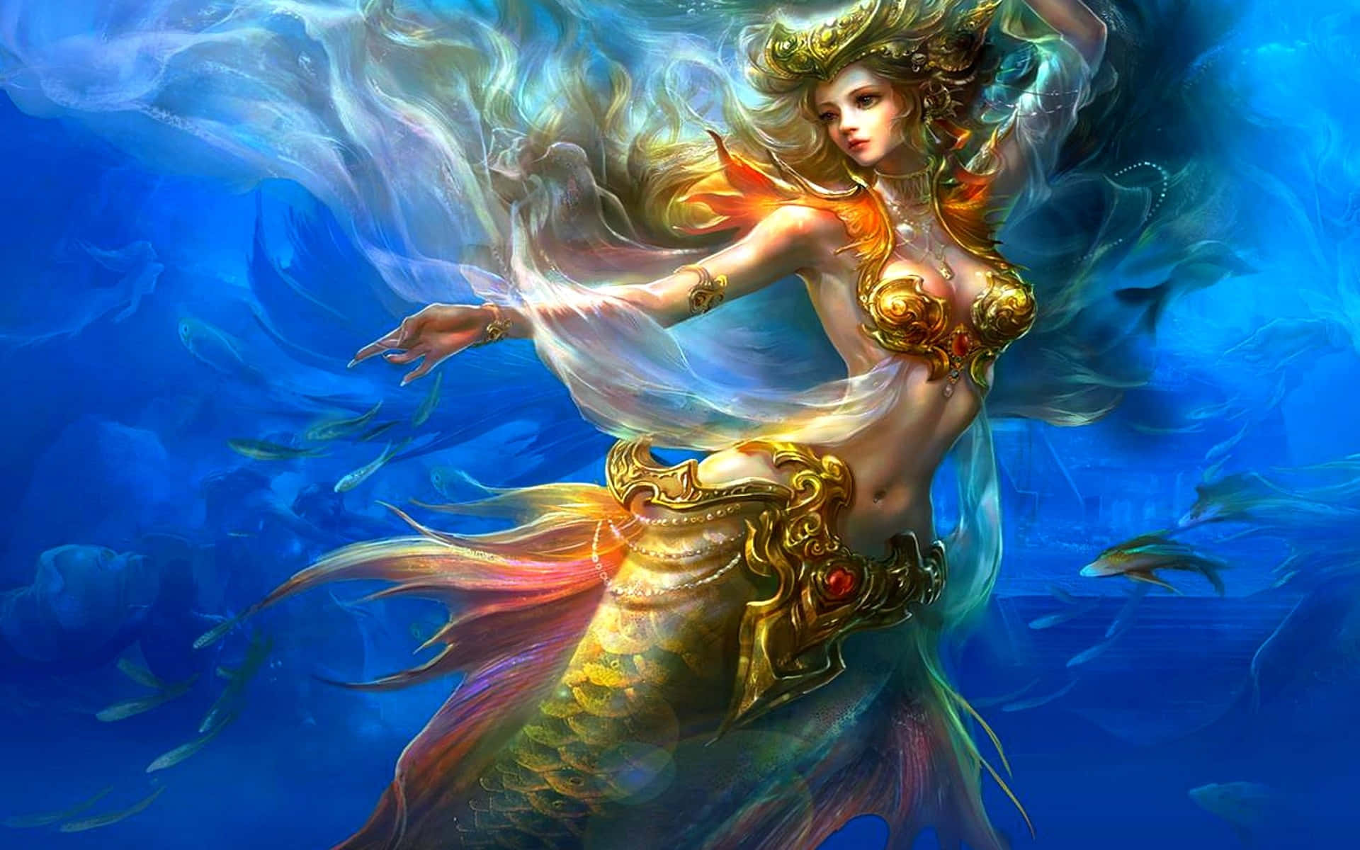 Beautiful Fantasy Mermaid, golden armor, flowing hair, Full HD Desktop Wallpaper