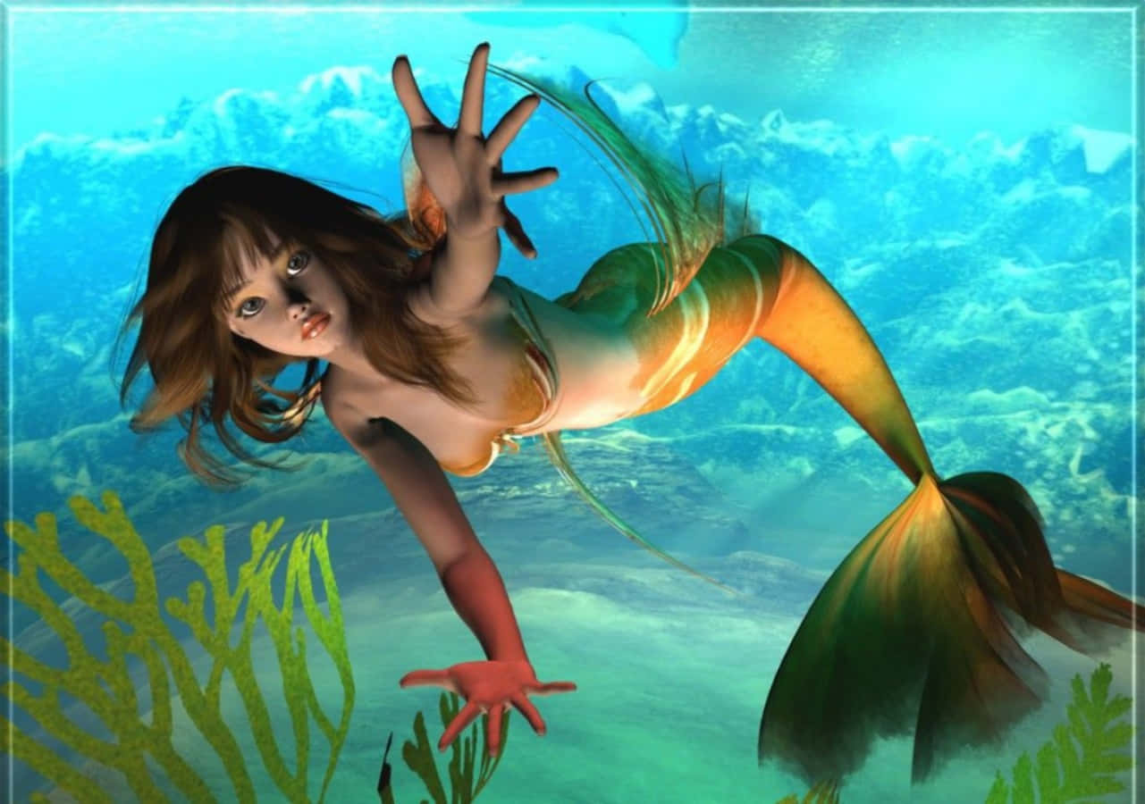 Beautiful Mermaid, glistening lagoon, flowing brown hair, HD Desktop Wallpaper