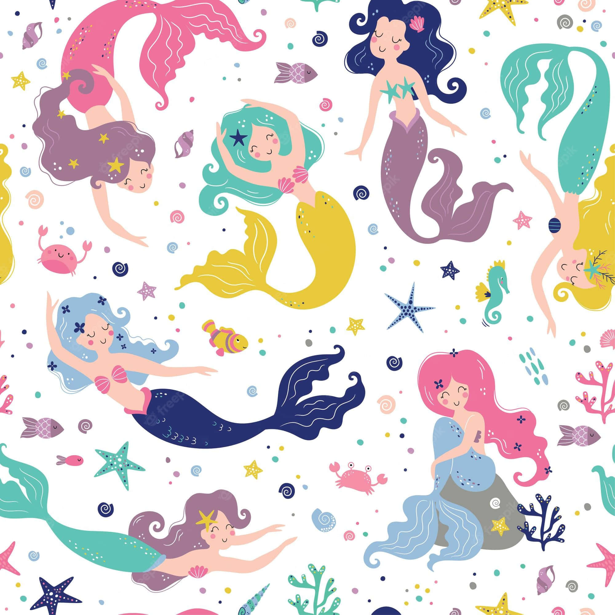 pastel colors, colorful cartoon mermaids, vibrant tails, Full HD Desktop Wallpaper