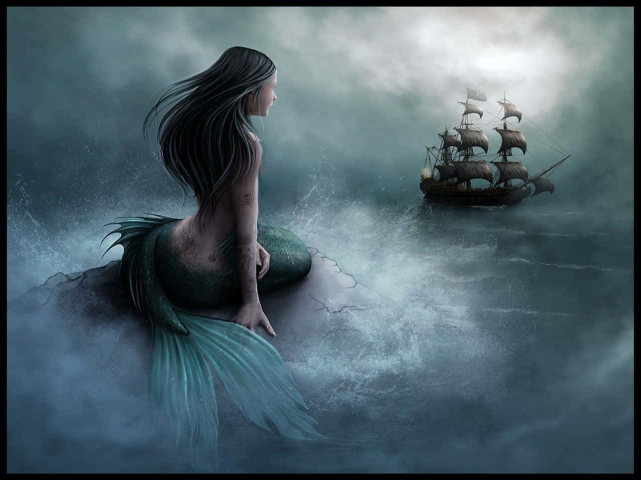 mermaid, long dark hair, rock, HD Desktop Wallpaper
