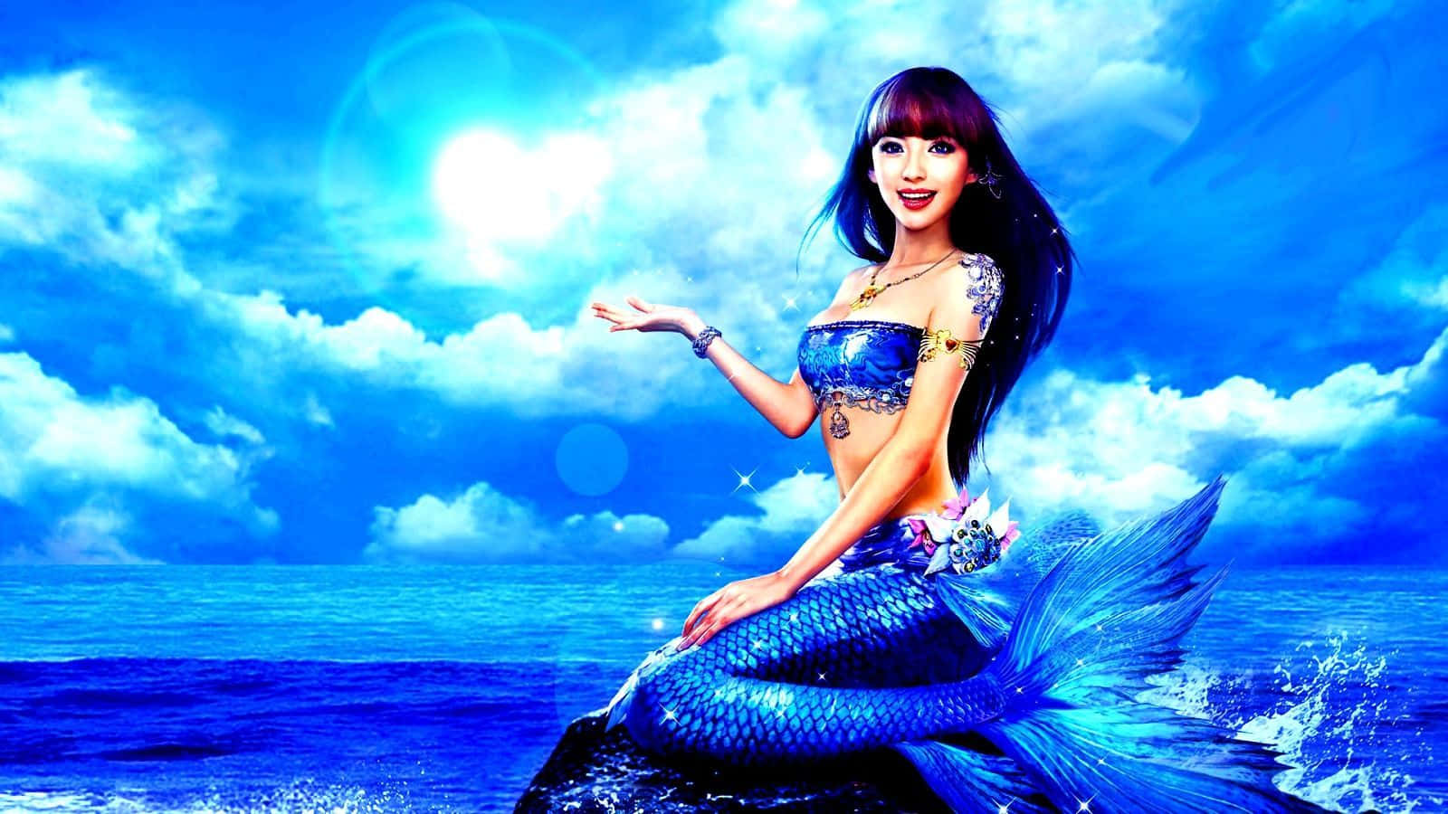 Beautiful Bright Blue Mermaid, blue scales, long dark hair, HD Desktop Wallpaper