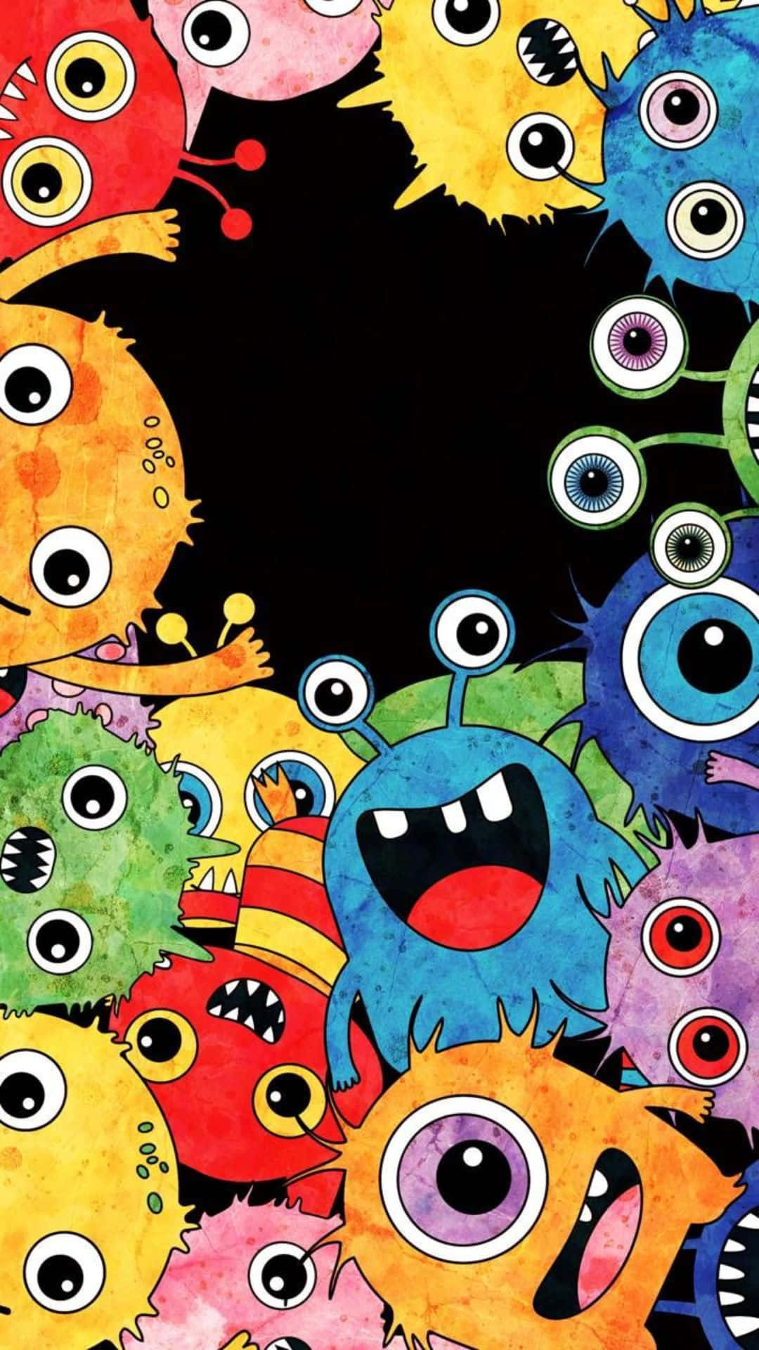 Kawaii Monster, black center, vibrant cartoon monsters, Full HD Phone Wallpaper