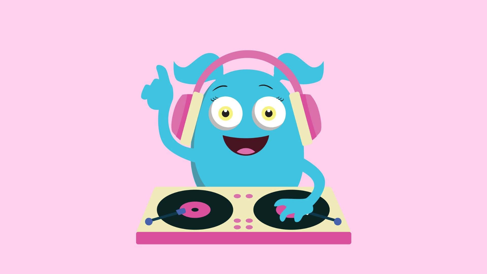 Kawaii Monster, blue cartoon monster, pink headphones, Full HD Desktop Wallpaper