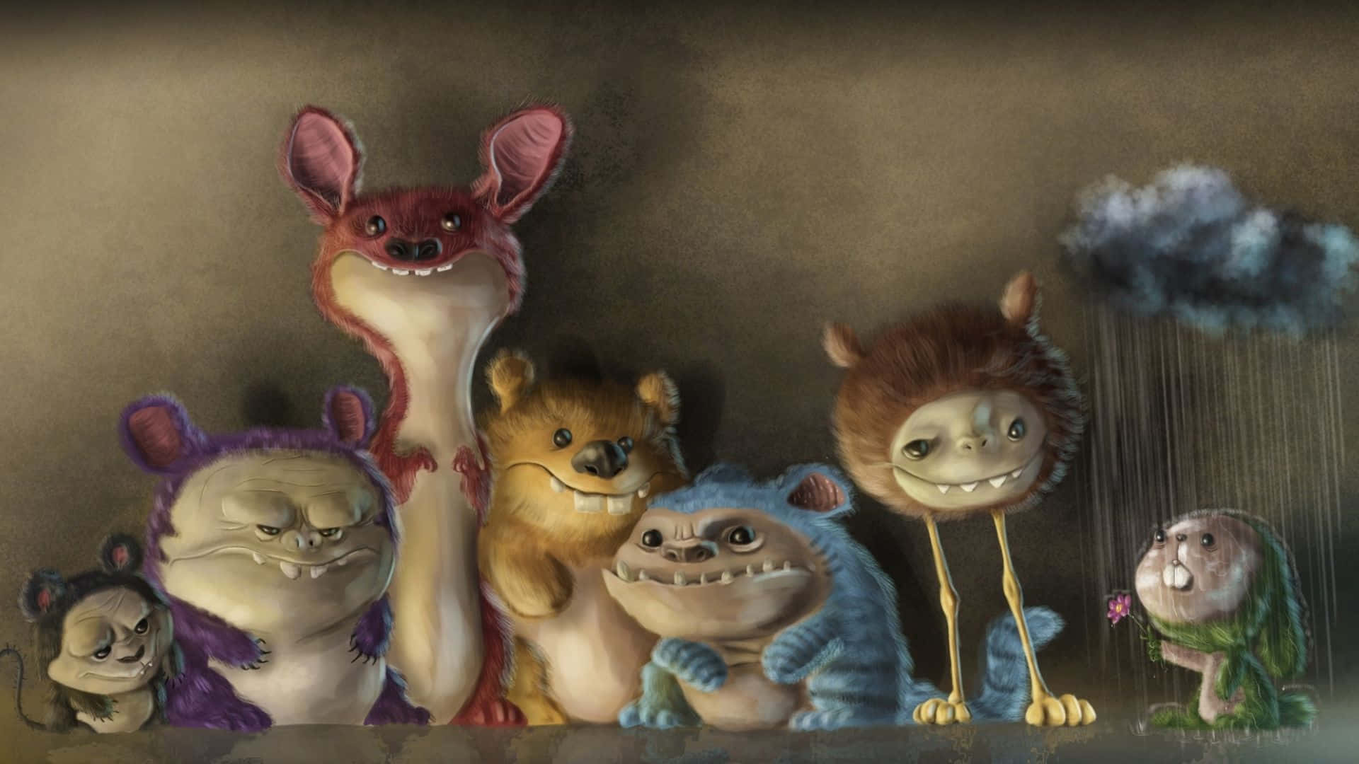 Kawaii Monster, seven cartoonish monsters, stormy sky, Full HD Desktop Wallpaper