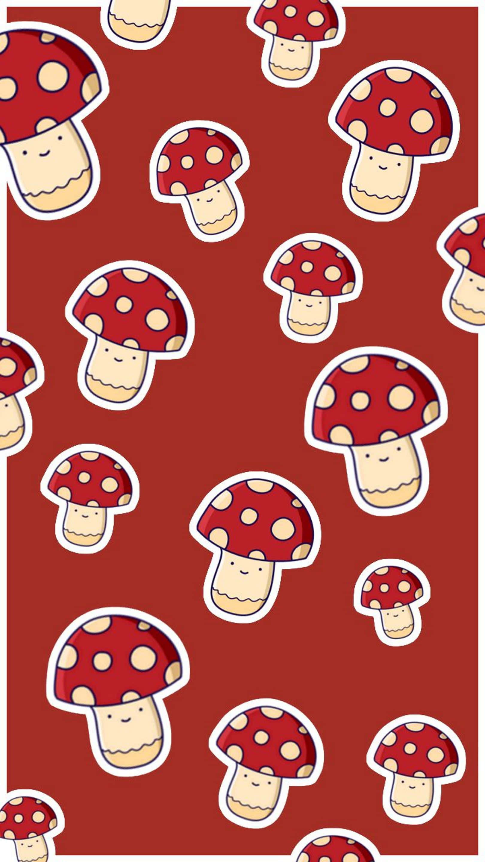 kawaii mushroom, red background, cute cartoon mushrooms, 2K Phone Wallpaper