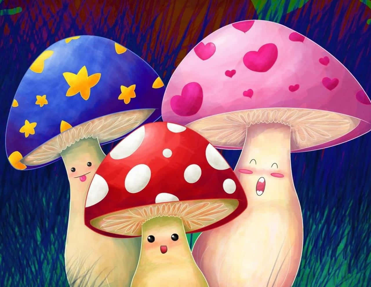 kawaii mushroom, mystical forest, star and heart patterns, HD Desktop Wallpaper