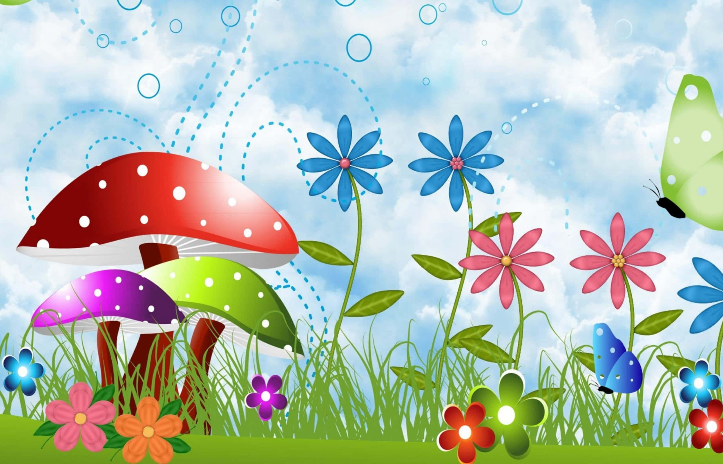 kawaii mushroom, whimsical grassy field, bright blue sky, Full HD Desktop Wallpaper