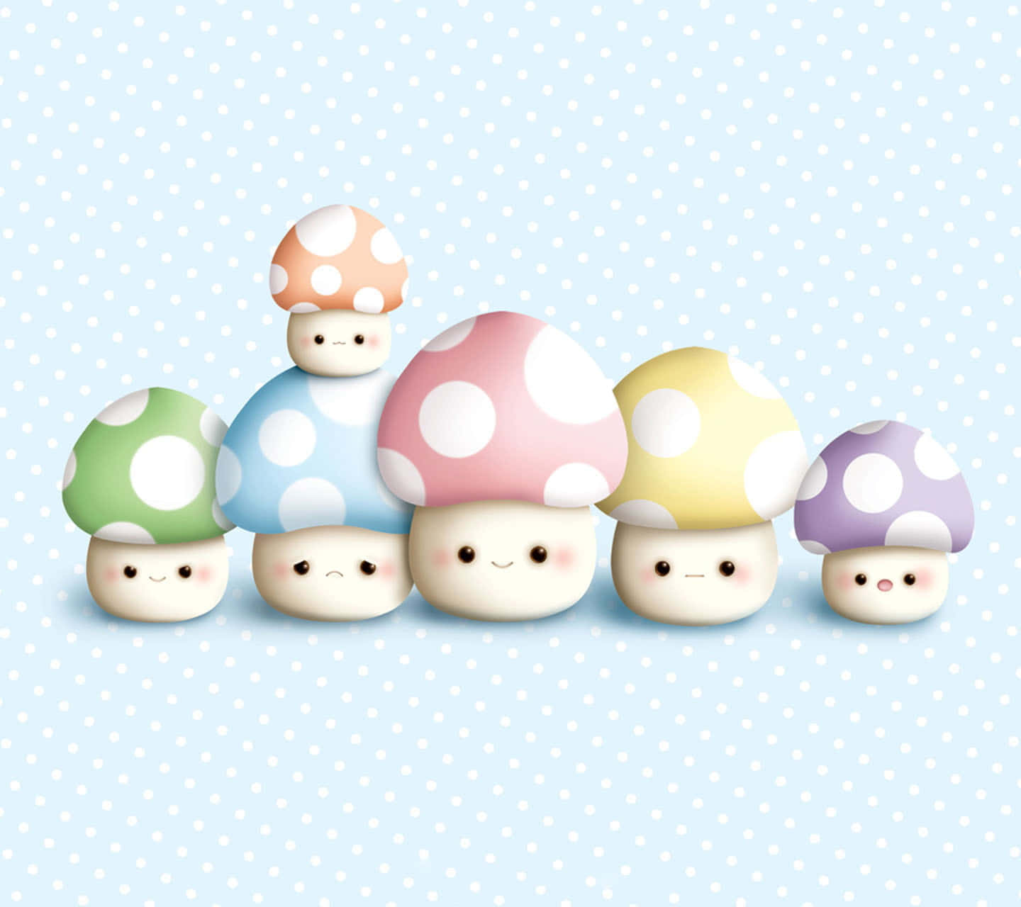 kawaii mushroom, polka dots, smiling faces, HD Desktop Wallpaper
