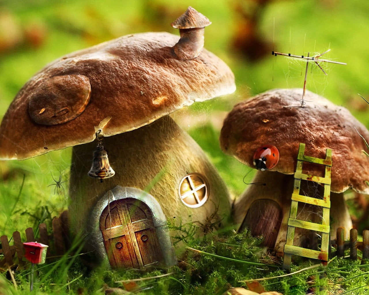kawaii mushroom, mushroom houses, wooden doors, HD Desktop Wallpaper
