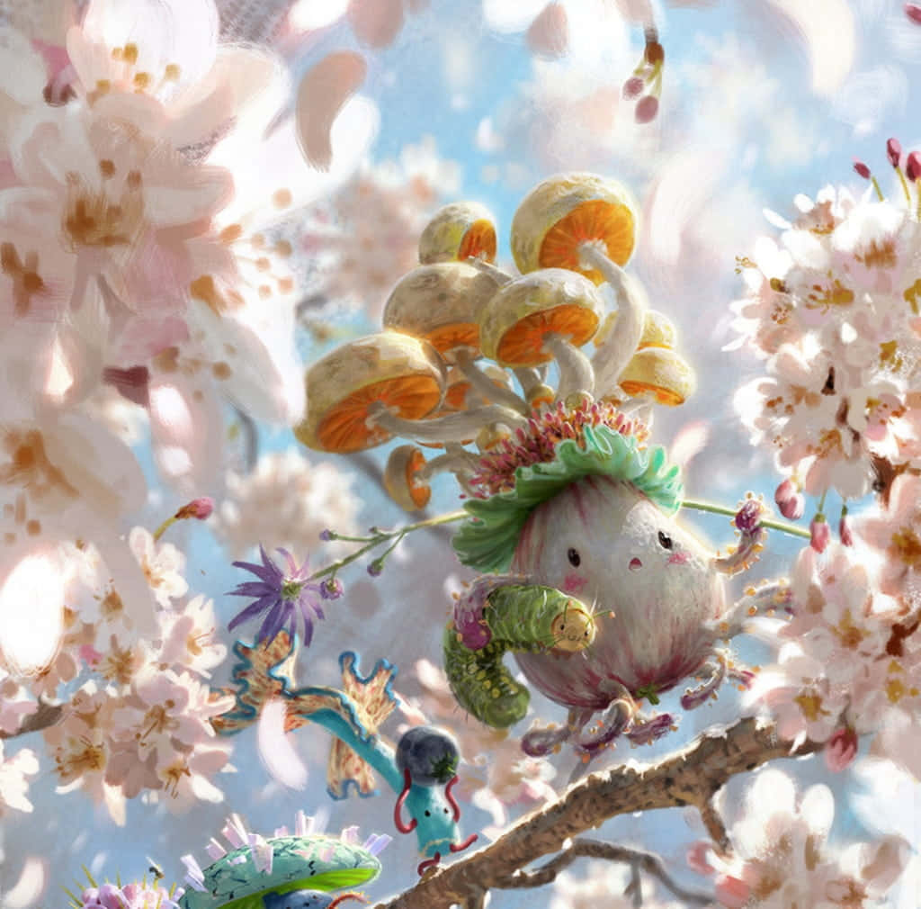 kawaii mushroom, orange caps, green hat, SD Desktop Wallpaper