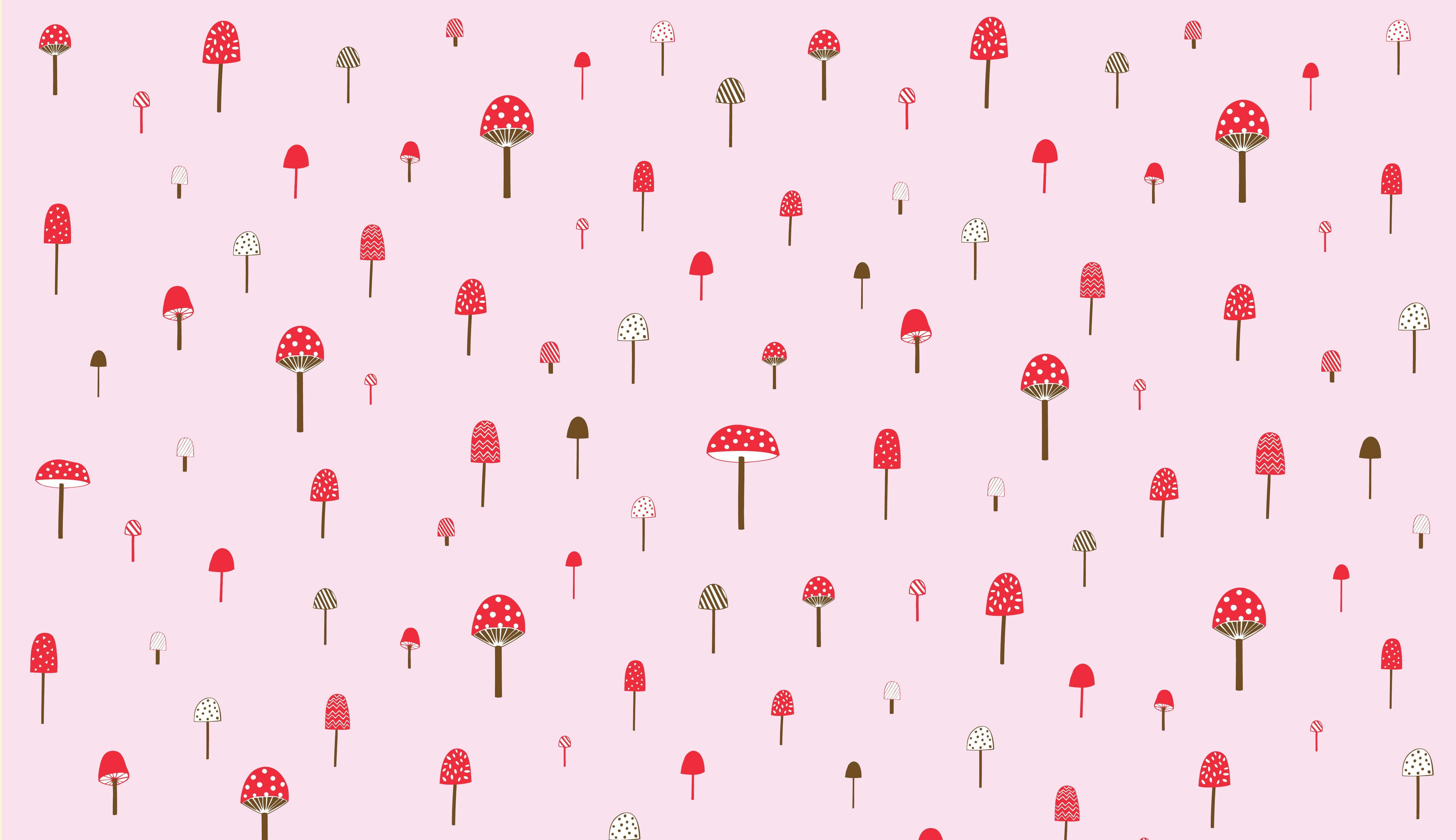 kawaii mushroom, red and white spotted mushrooms, soft pink background, 5K Desktop Wallpaper