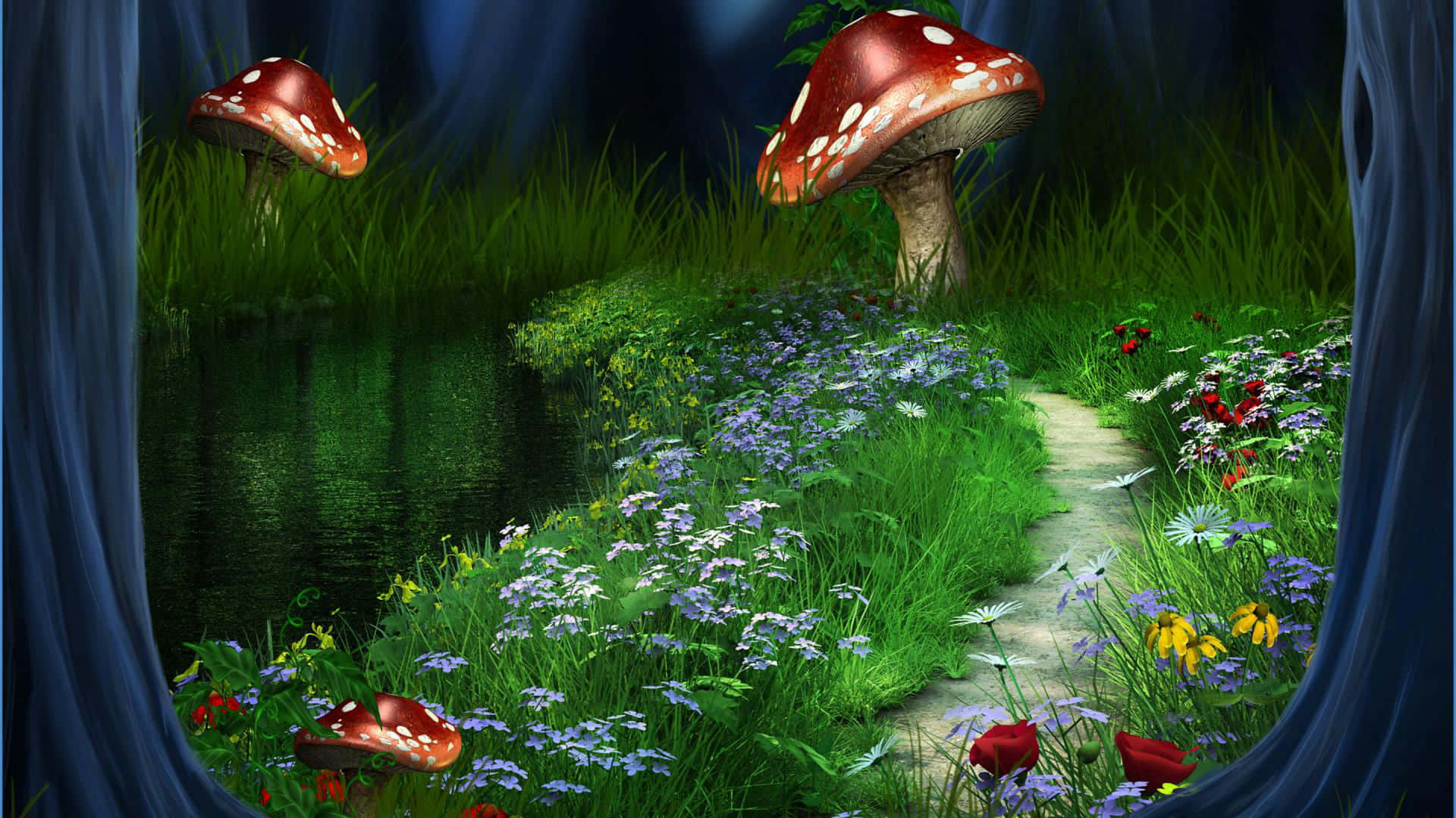 kawaii mushroom, fantasy forest, winding stone path, Full HD Desktop Wallpaper
