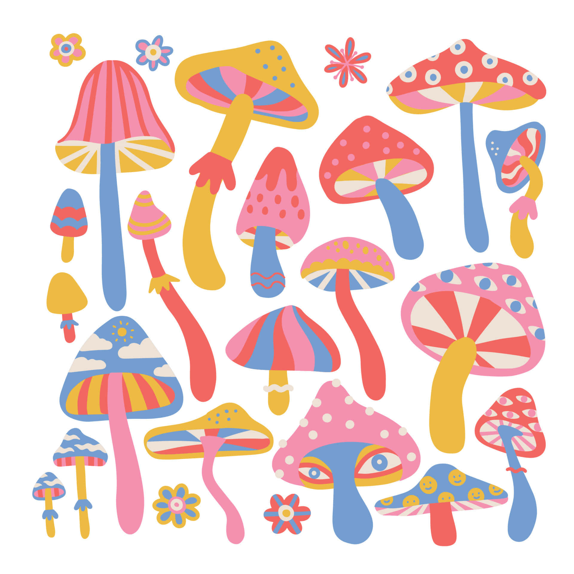 trippy mushroom, brightly colored cartoon mushrooms, playful patterns, Full HD Desktop Wallpaper