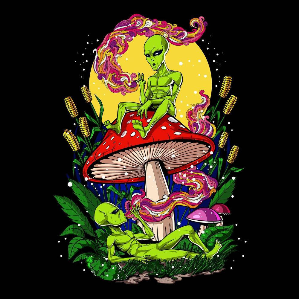 psychedelic mushroom, green alien, psychedelic moon, SD Desktop Wallpaper