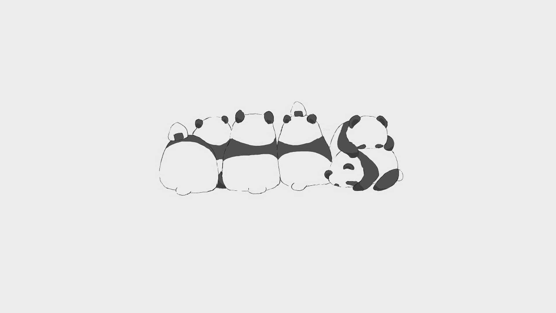 Kawaii Panda, five cute cartoon pandas, light gray background, Full HD Desktop Wallpaper