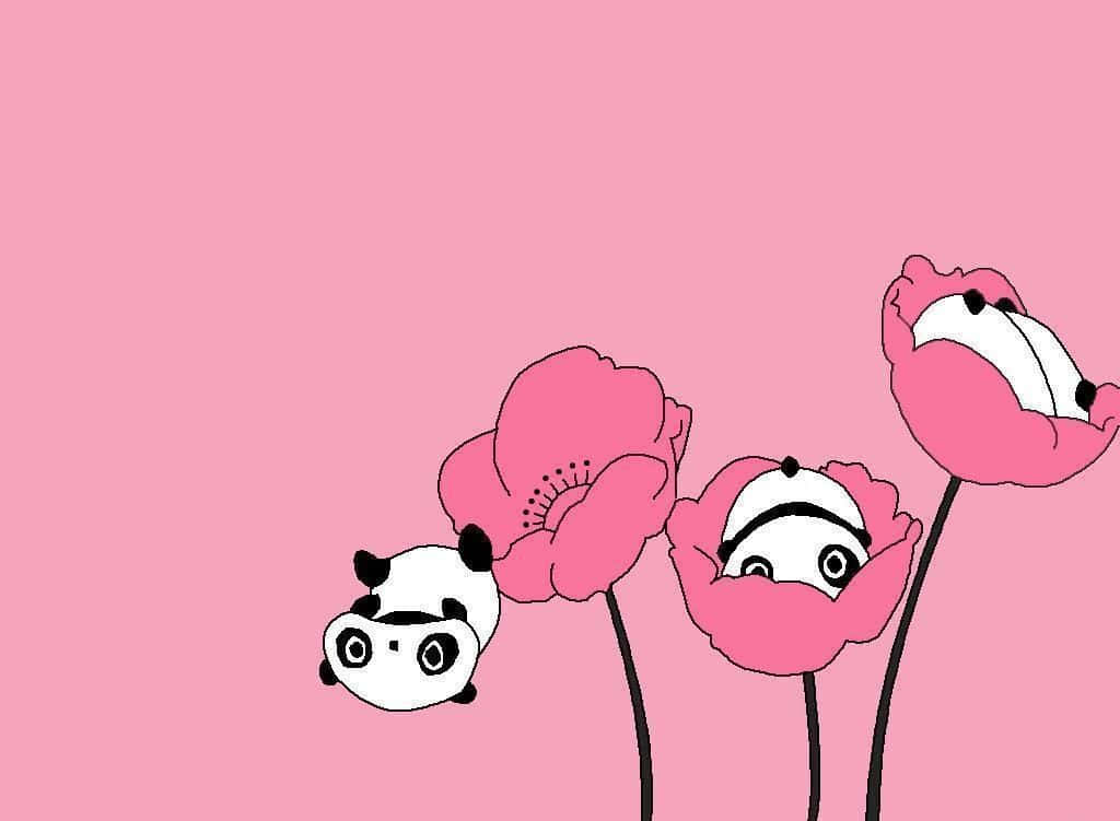 Kawaii Panda, cartoon pandas, pink poppy flowers, SD Desktop Wallpaper