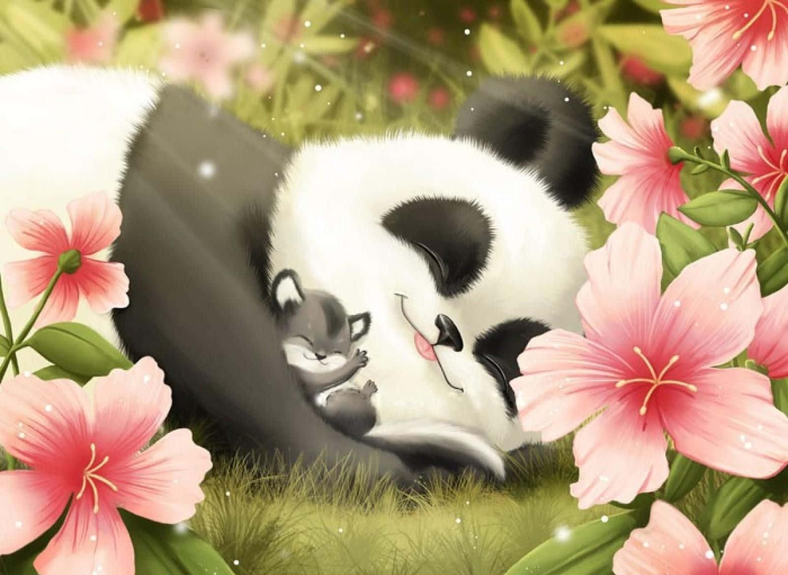 Kawaii Panda, giant panda, tiny fox cub, HD Desktop Wallpaper