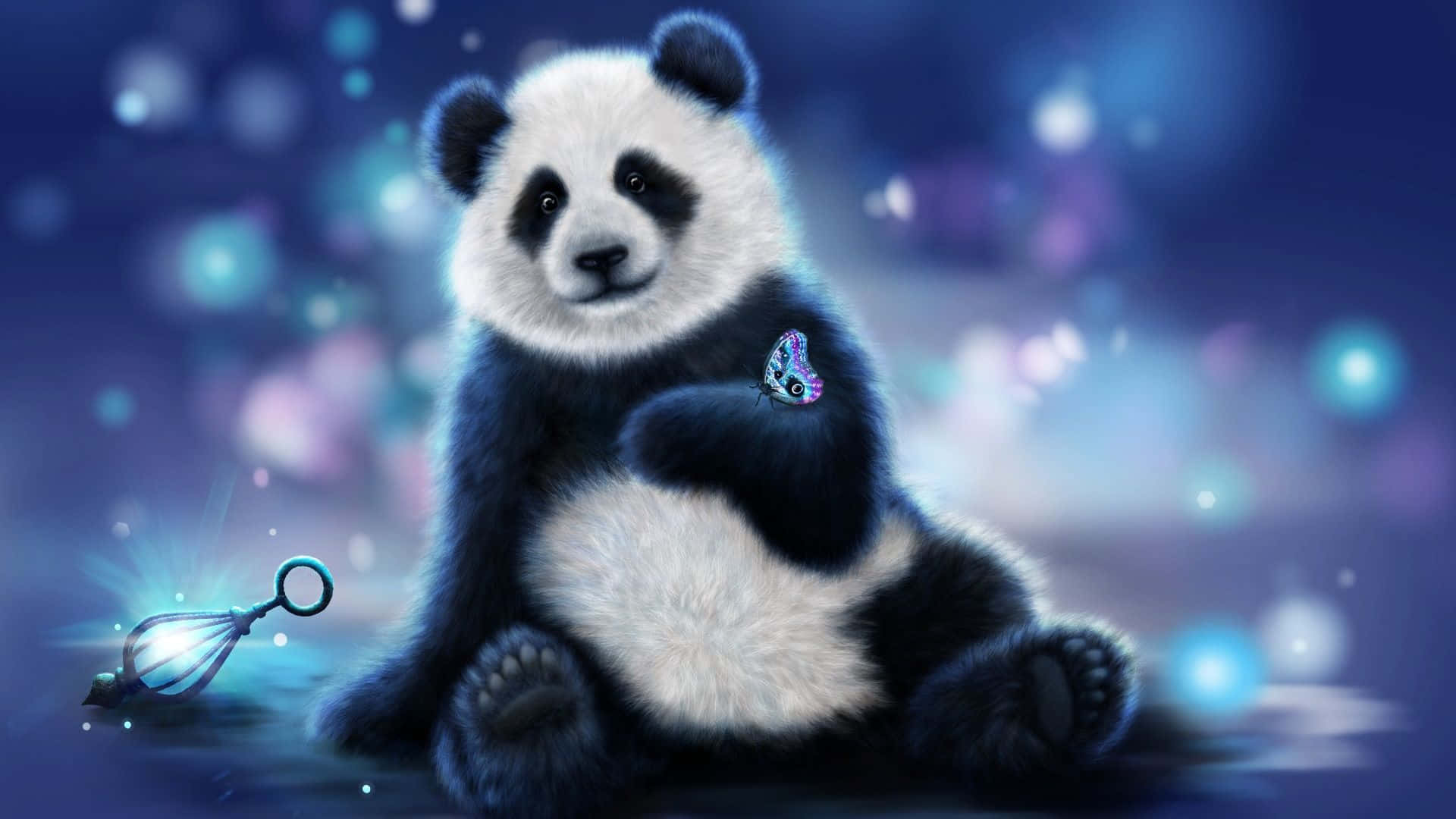 Kawaii Panda, fluffy panda, glowing butterfly, Full HD Desktop Wallpaper