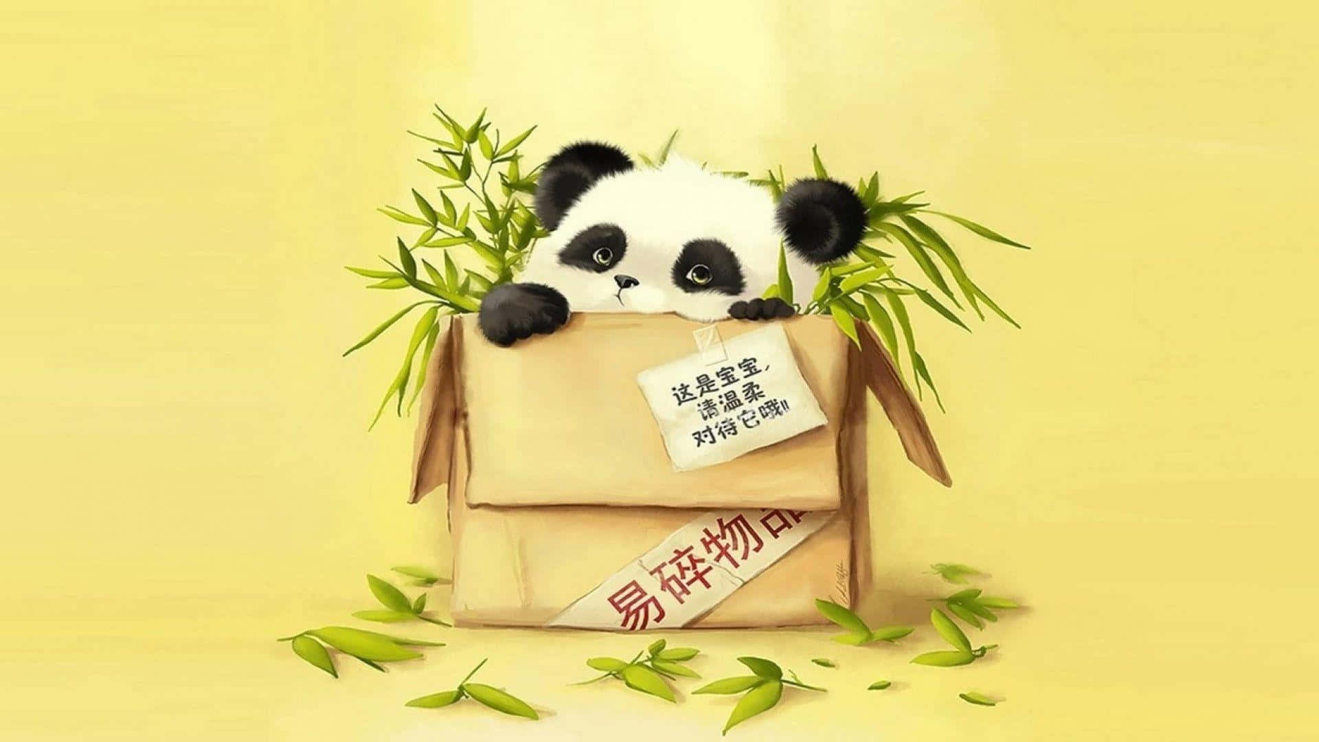 kawaii panda, cartoon panda, cardboard box, Full HD Desktop Wallpaper