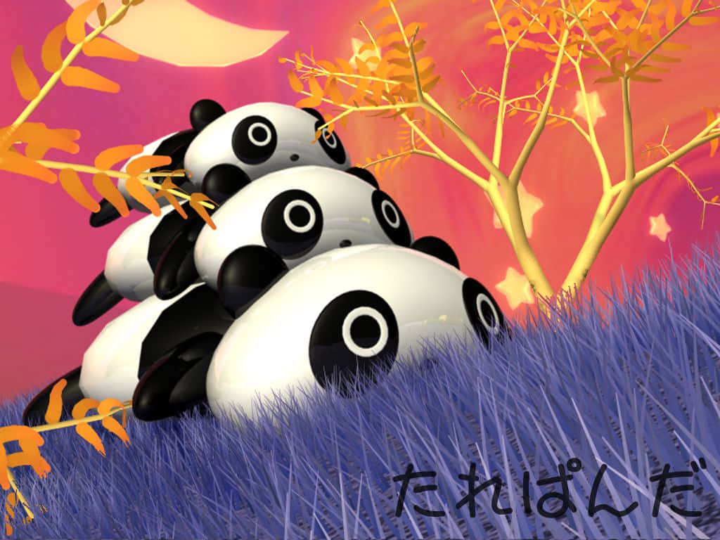 Kawaii Panda, purple grass, pink sunset sky, SD Desktop Wallpaper