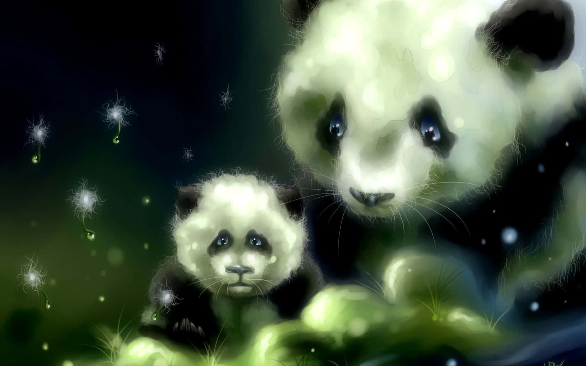 Kawaii Panda, glowing pandas, floating dandelion seeds, Full HD Desktop Wallpaper