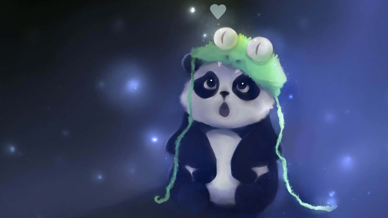 Kawaii Panda, glowing green frog hat, eyes, HD Desktop Wallpaper