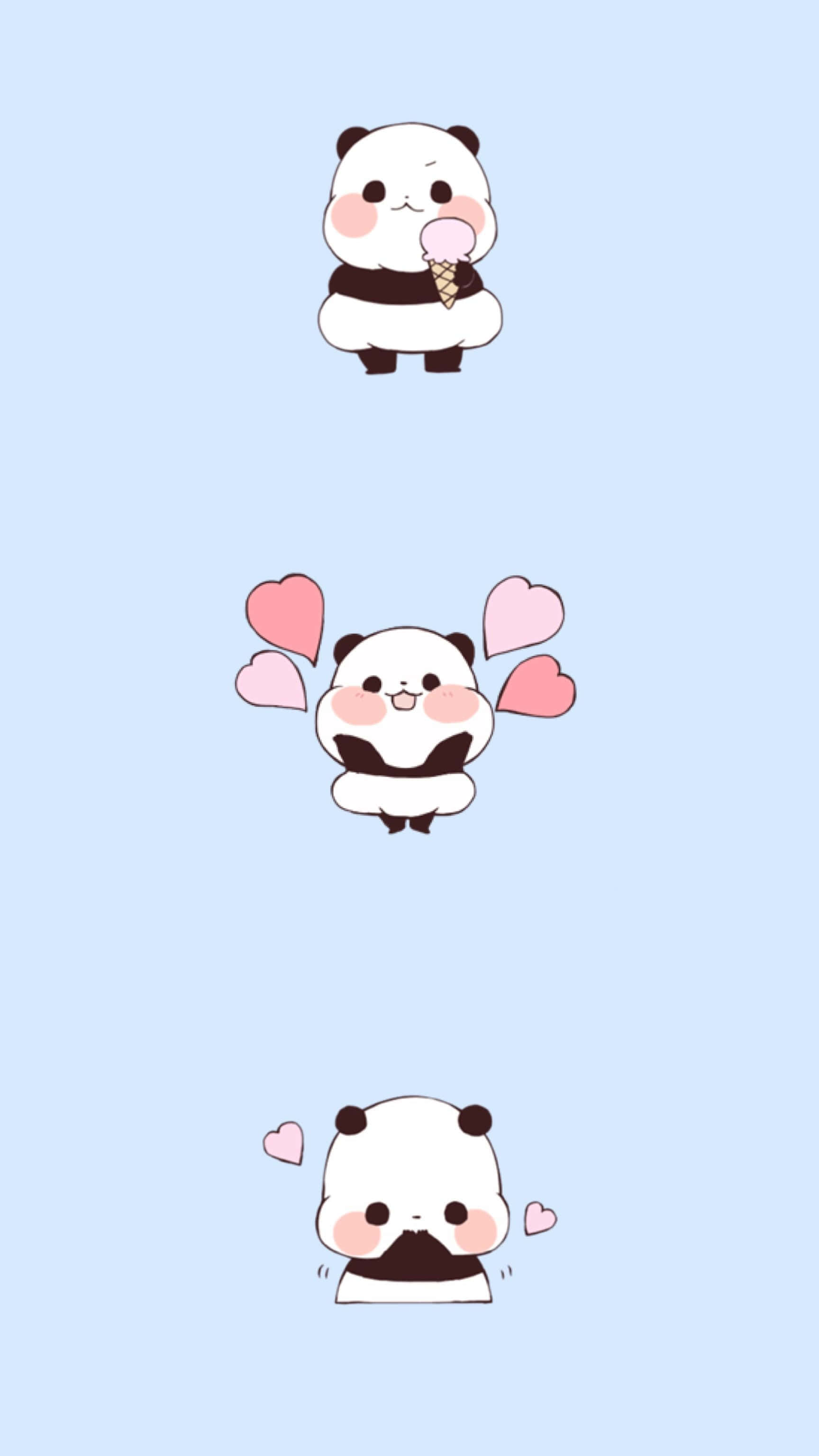 Cute Cartoon Panda, light blue background, ice cream, 2K Phone Wallpaper