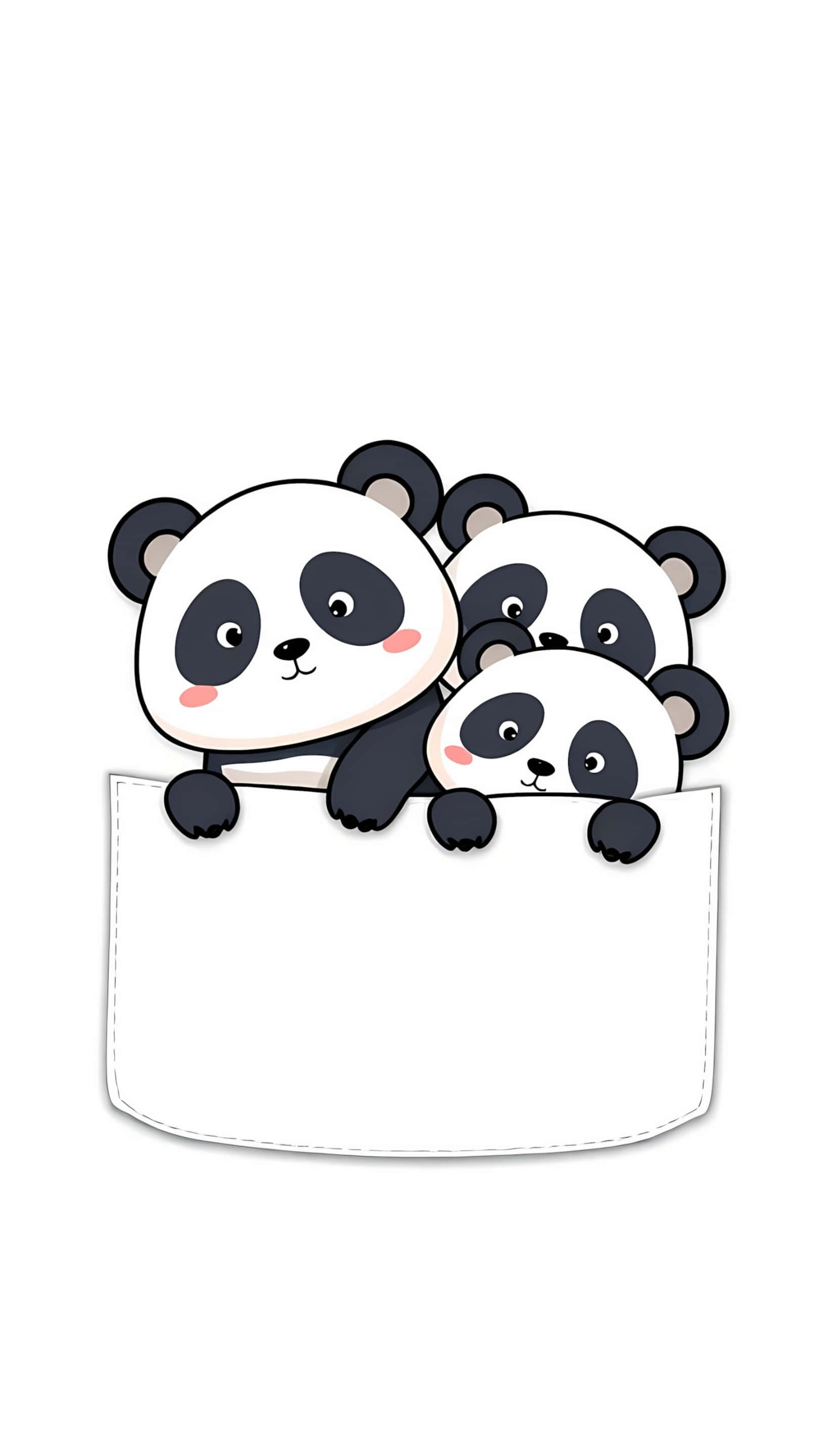 cute cartoon pandas, white pocket, stitched details, 2K Phone Wallpaper