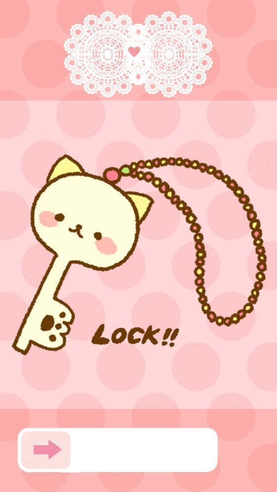 Cute Kawaii Cat Key, beaded chain, pink polka dot background, SD Phone Wallpaper