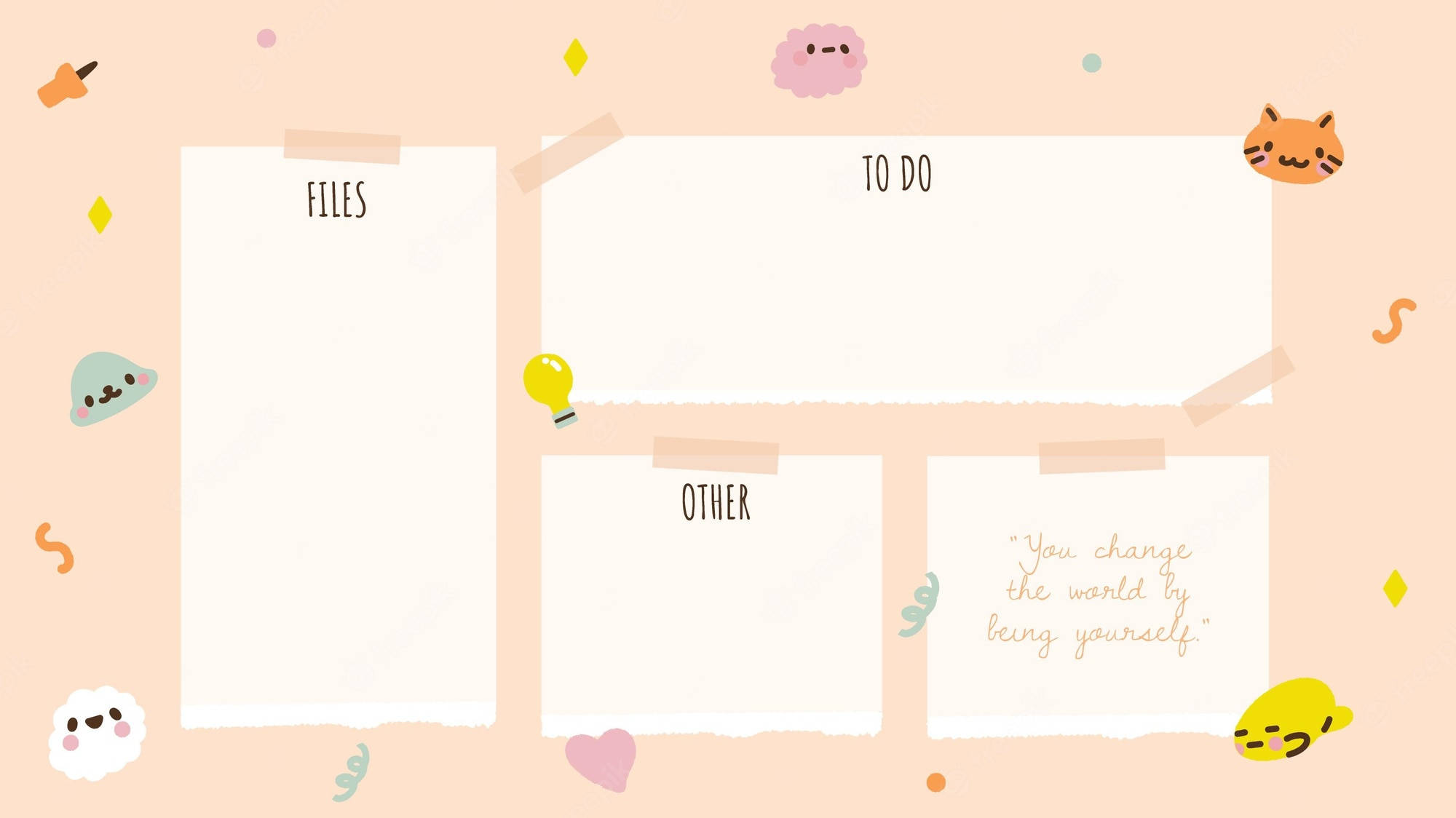 Pastel pink background, cute cartoon stickers, four labeled paper sections, Full HD Desktop Wallpaper
