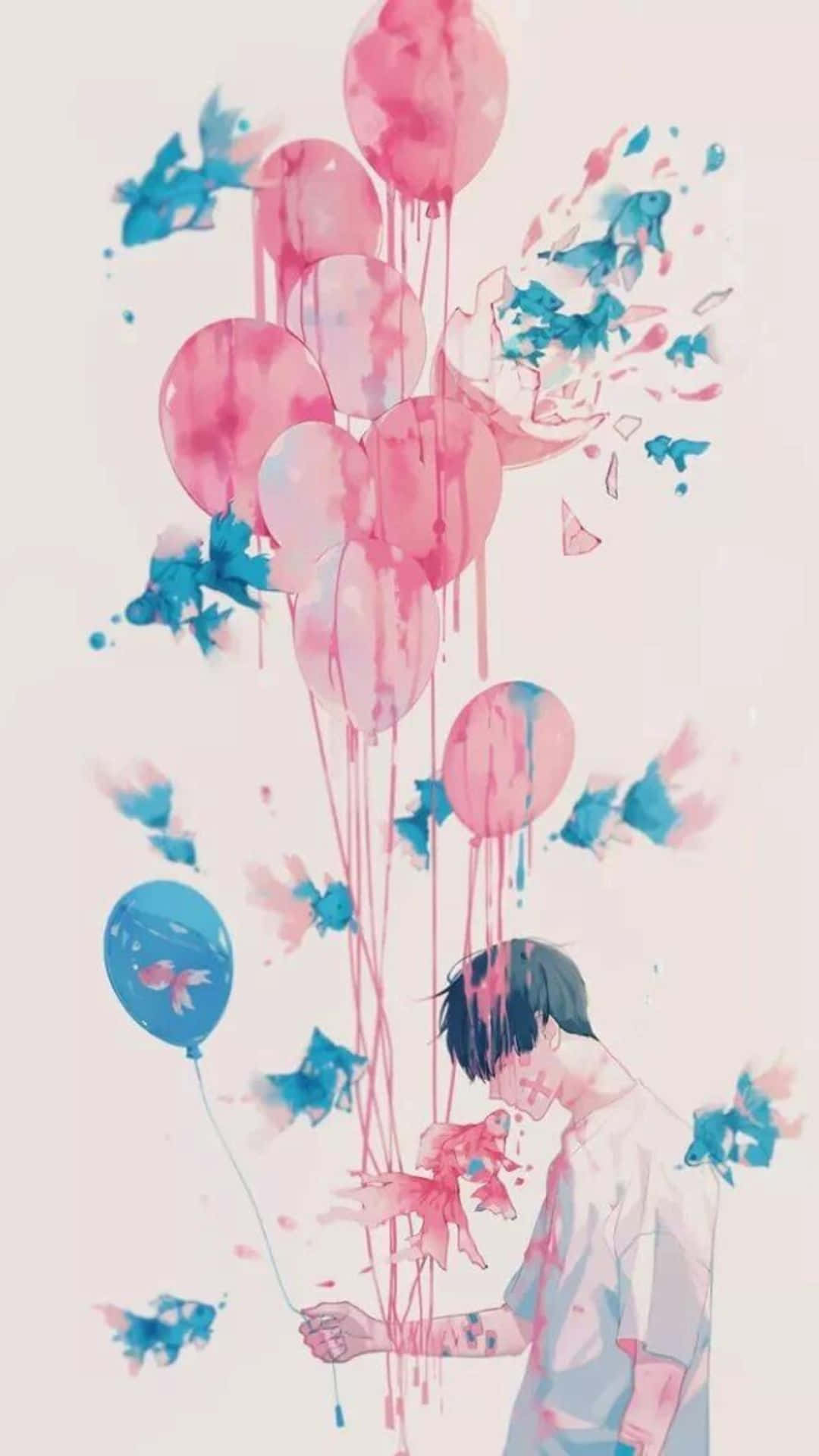 kawaii art, pink balloons, blue birds, Full HD Phone Wallpaper