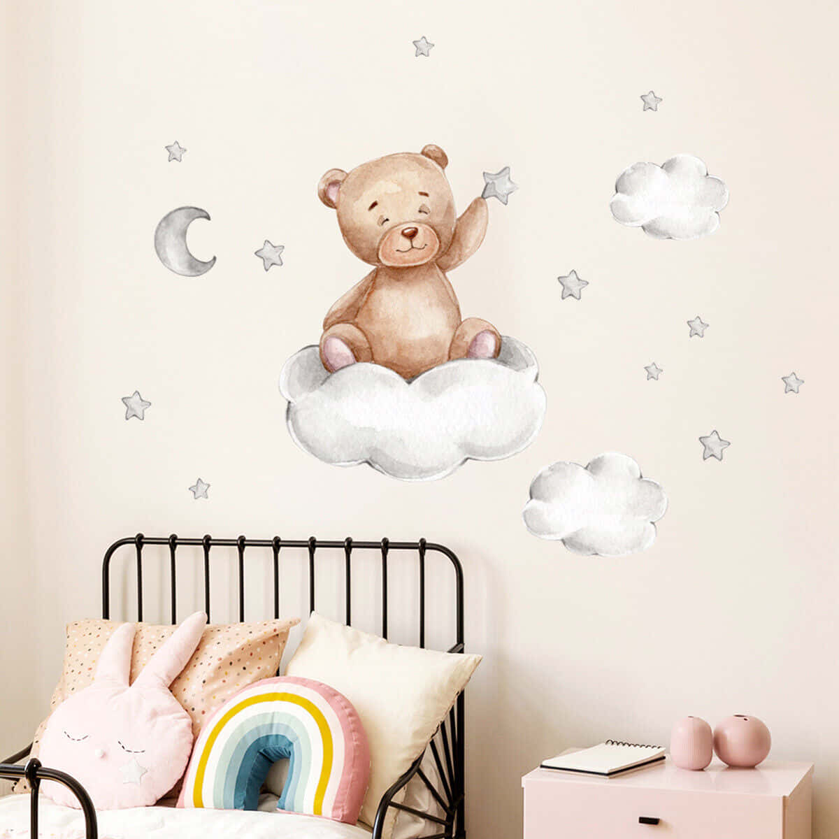 watercolor teddy bear, fluffy cloud, stars, SD Desktop Wallpaper