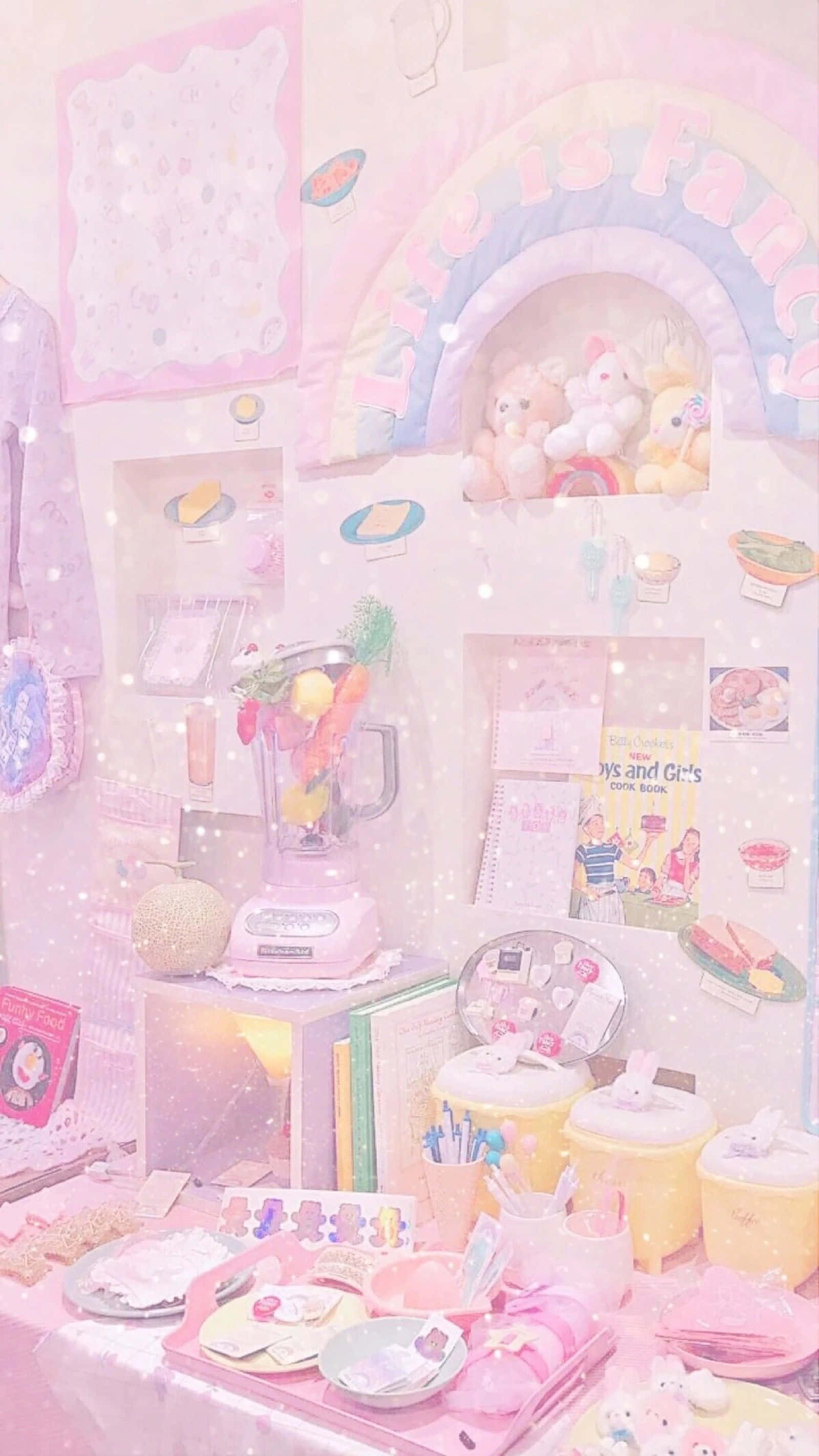 pastel pink, glowing rainbow arch, plush toys, 2K Phone Wallpaper