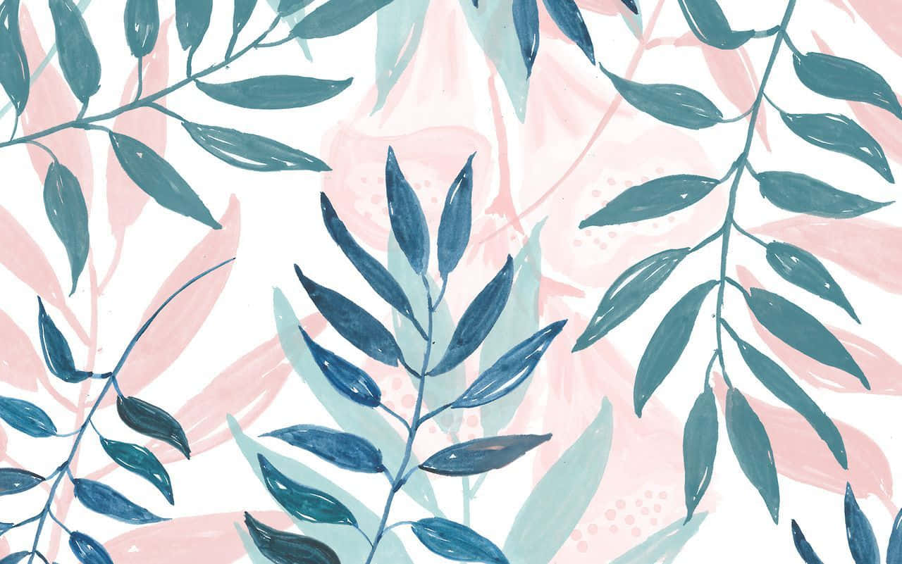 pastel-colored laptop, kawaii design, blue-green leafy branches, HD Desktop Wallpaper