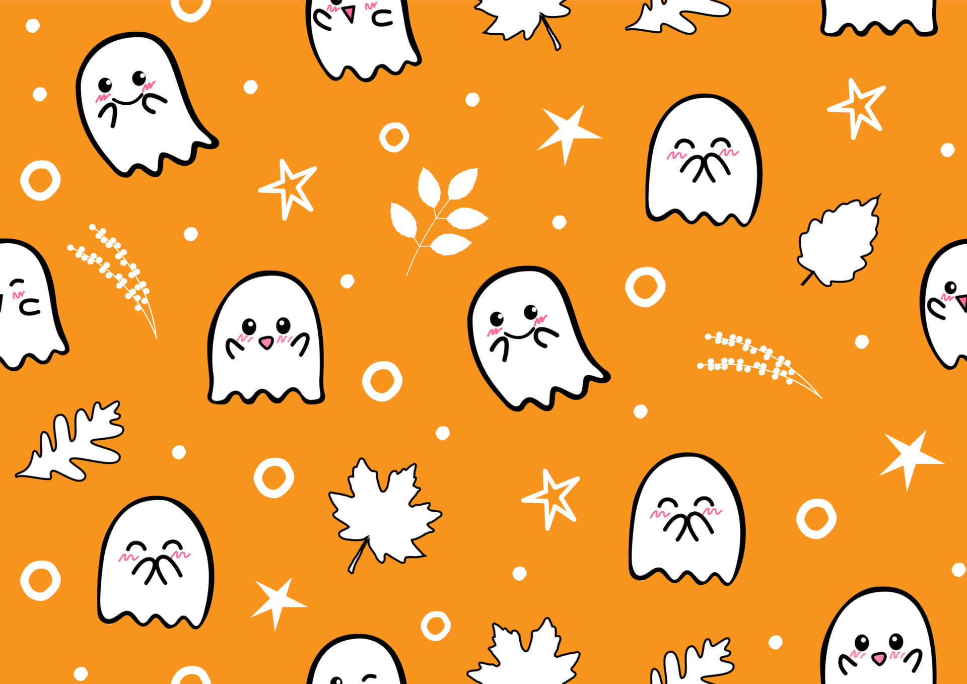 kawaii pastel laptop, orange background, white cartoon ghosts, Full HD Desktop Wallpaper