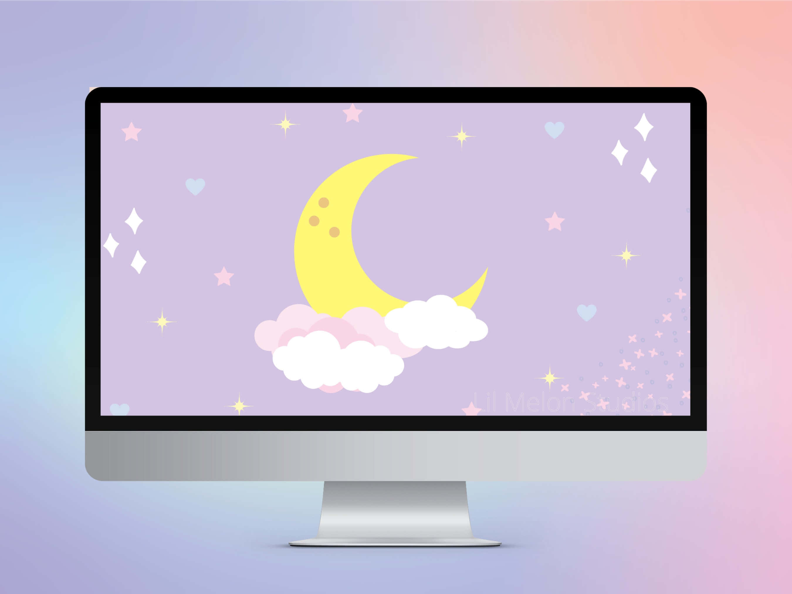 kawaii pastel laptop, pastel digital wallpaper, yellow crescent moon, 2K Desktop Wallpaper