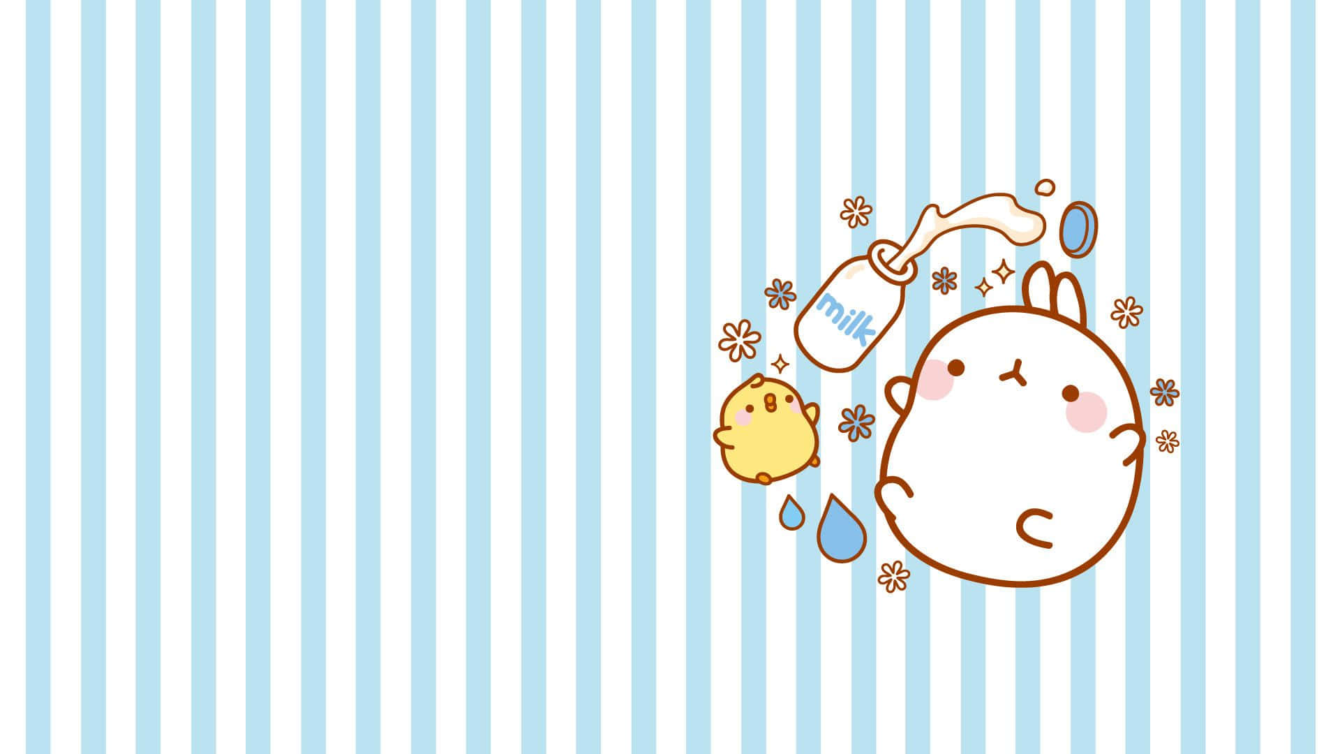 cute cartoon rabbit, chick, blue and white striped background, Full HD Desktop Wallpaper