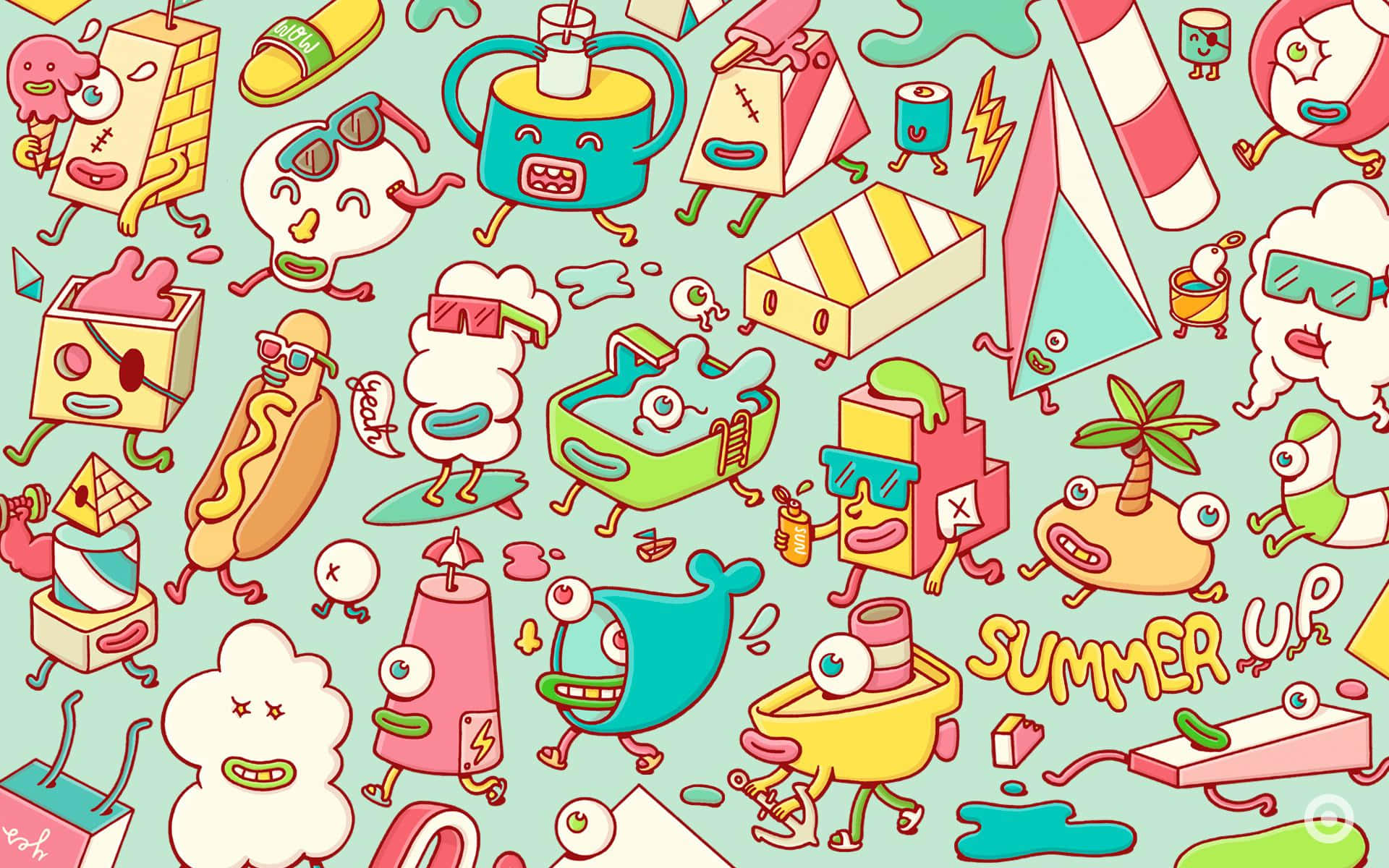 kawaii pastel laptop, mint green, anthropomorphic summer treats, Full HD Desktop Wallpaper