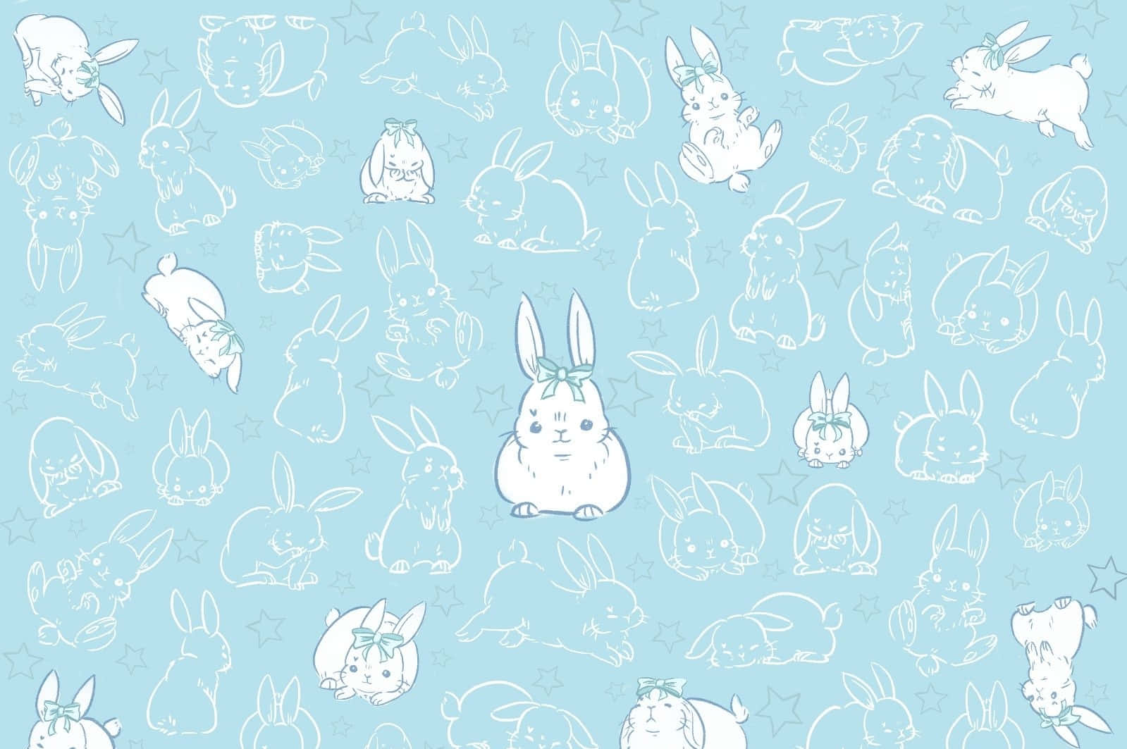 Kawaii Pastel Laptop, light blue, white outlined bunnies, HD Desktop Wallpaper